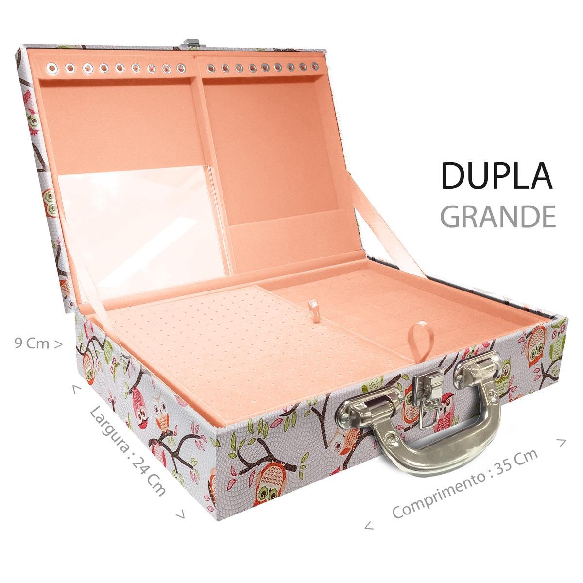 Estojo Maleta Porta Jóias Duplo Grande Coruja Fundo Rosa Com Alça Cromada e Espelho