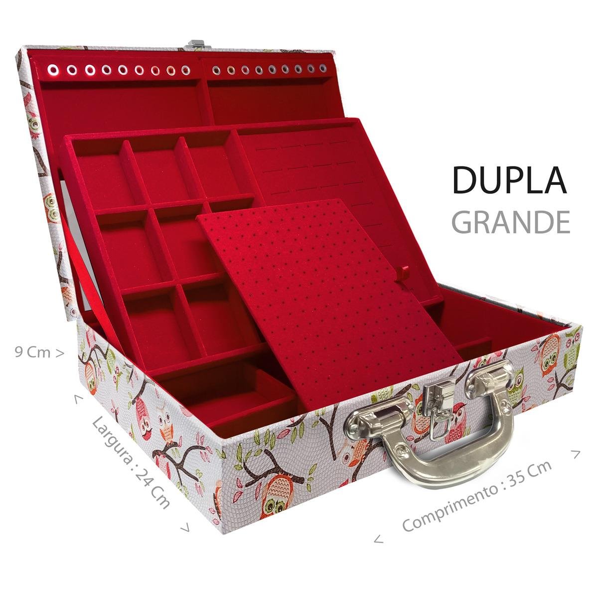 Estojo Maleta Porta Jóias Duplo Grande Coruja Fundo Rosa Com Alça Cromada e Espelho
