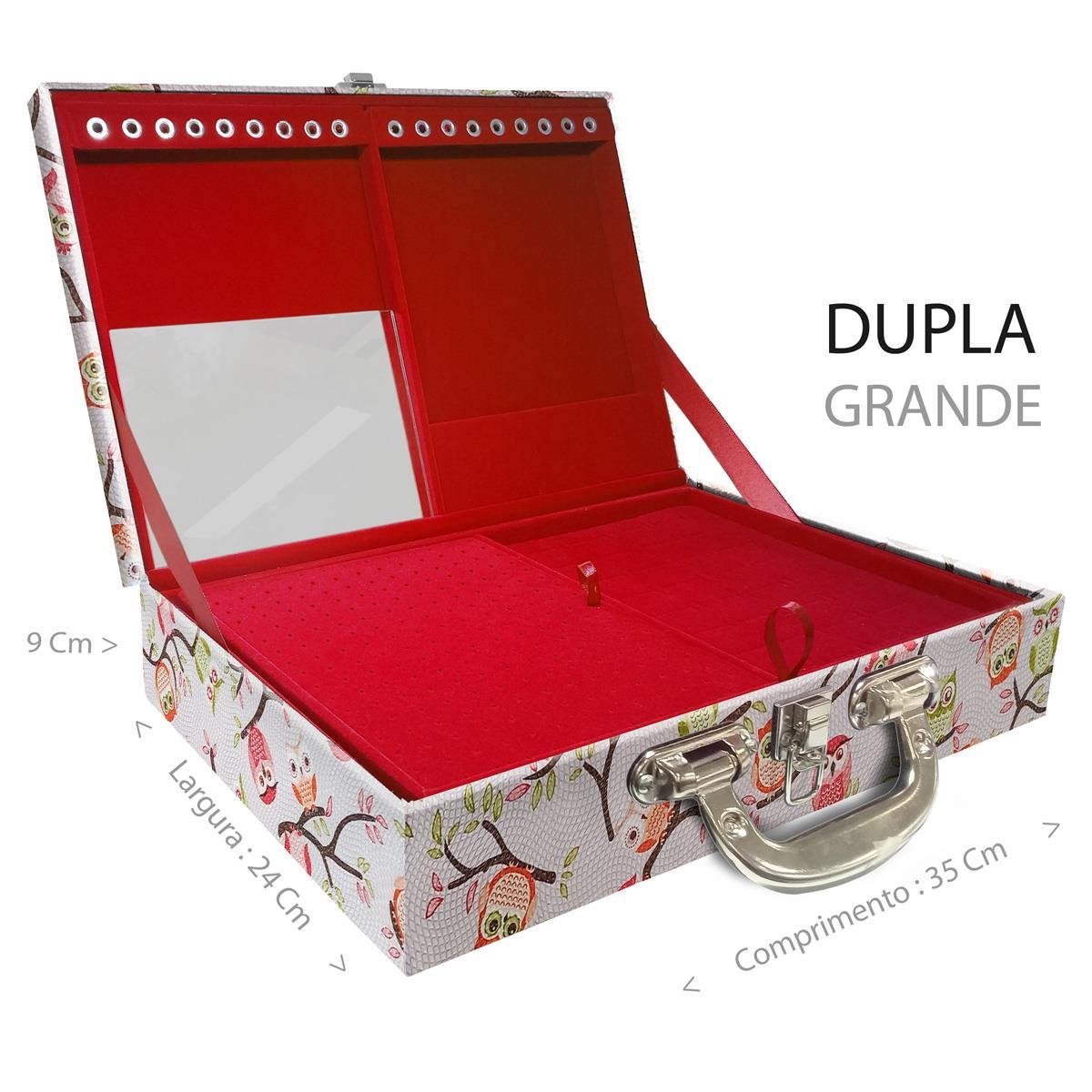 Estojo Maleta Porta Jóias Duplo Grande Coruja Fundo Rosa Com Alça Cromada e Espelho