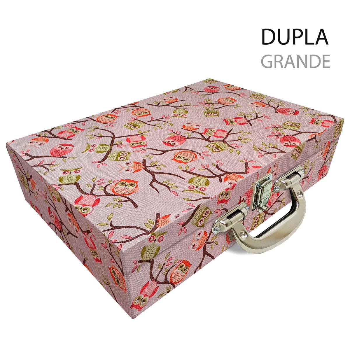 Estojo Maleta Porta Jóias Duplo Grande Coruja Fundo Rosa Com Alça Cromada e Espelho