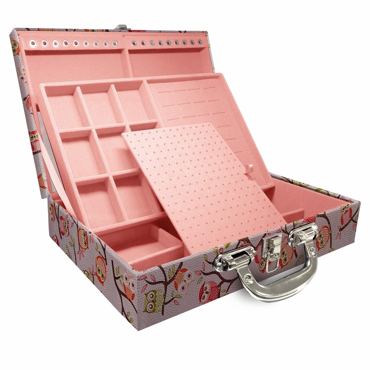 Estojo Maleta Porta Jóias Duplo Grande Coruja Fundo Rosa Com Alça Cromada e Espelho