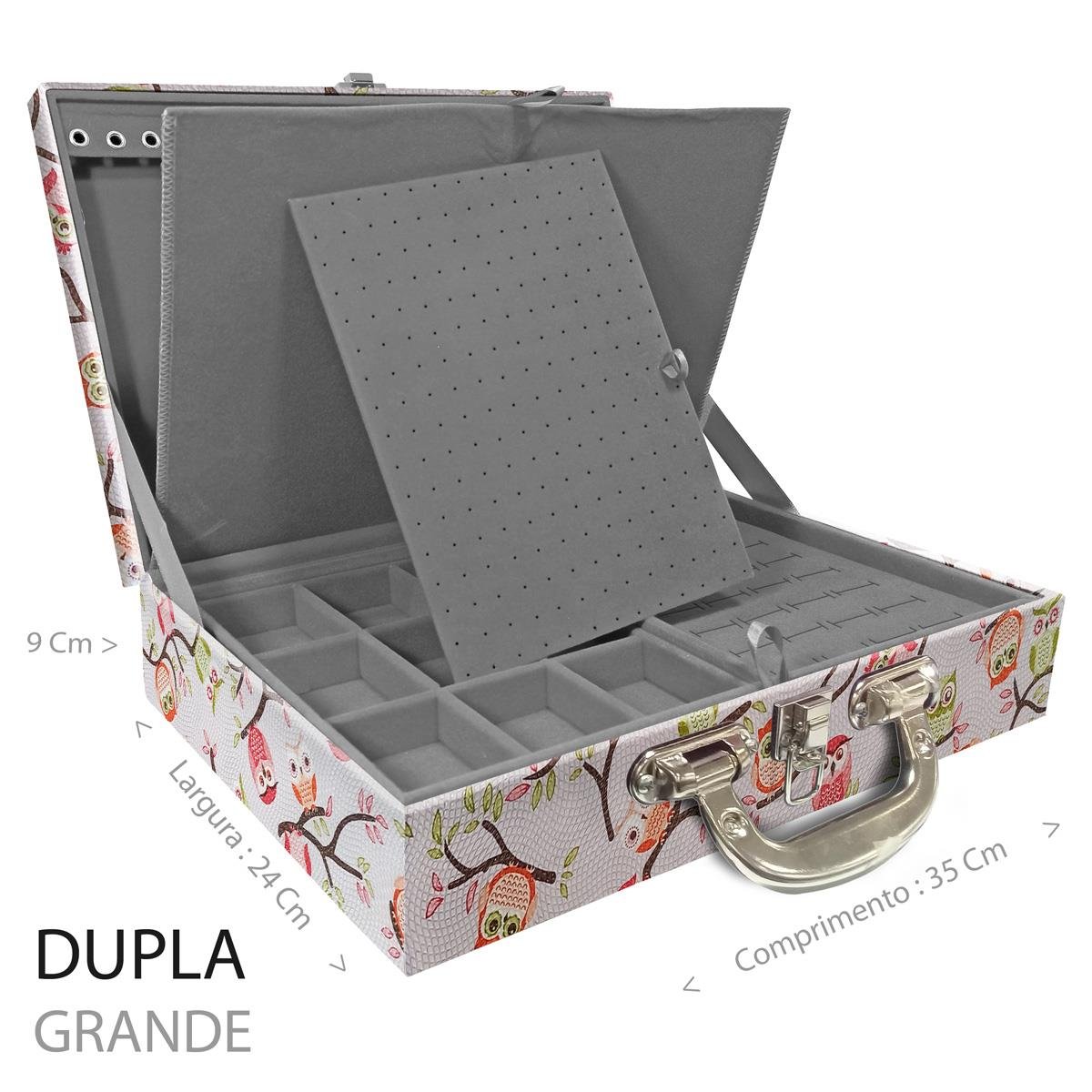 Estojo Maleta Porta Jóias Duplo Grande Coruja Fundo Rosa Com Alça Cromada e Imã