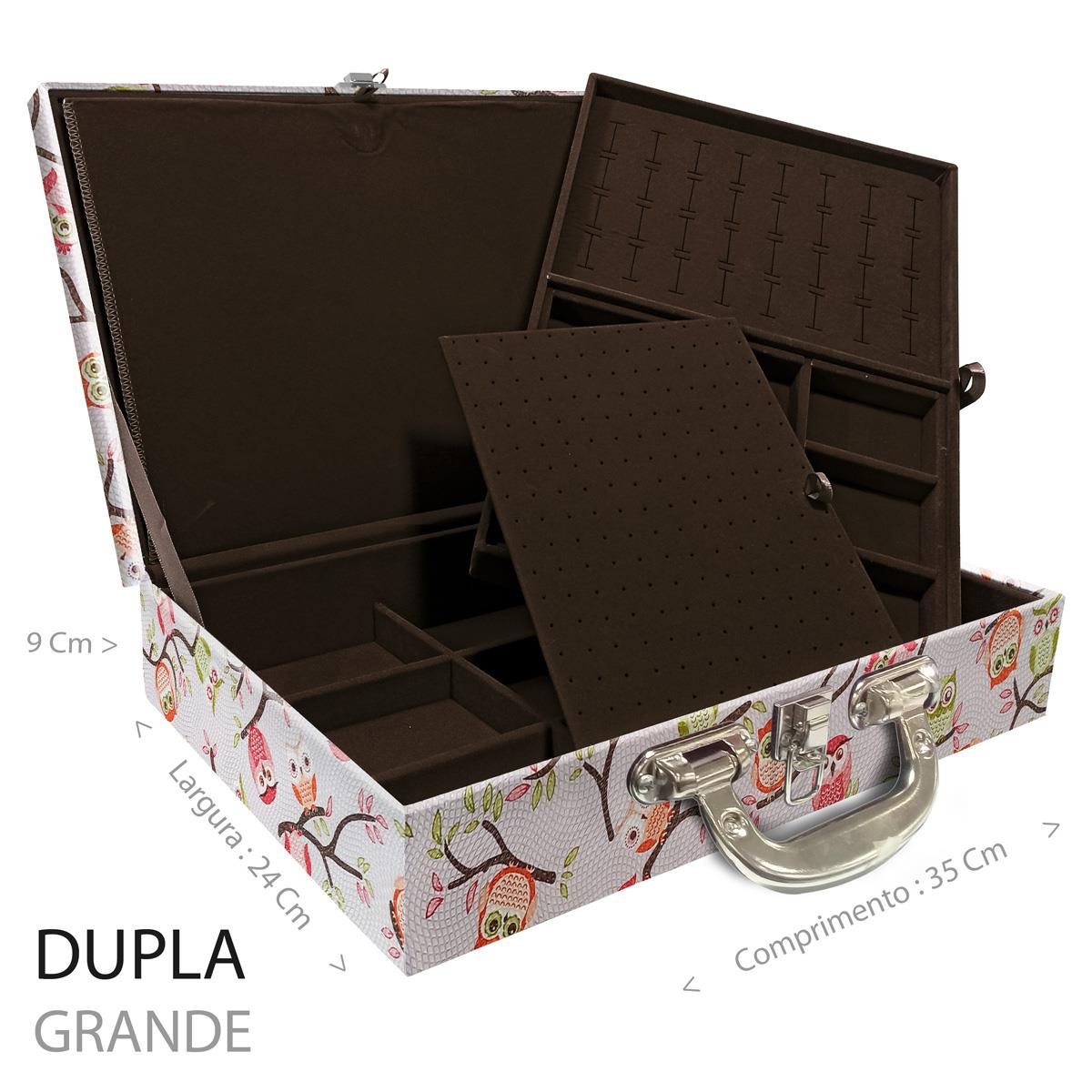 Estojo Maleta Porta Jóias Duplo Grande Coruja Fundo Rosa Com Alça Cromada e Imã