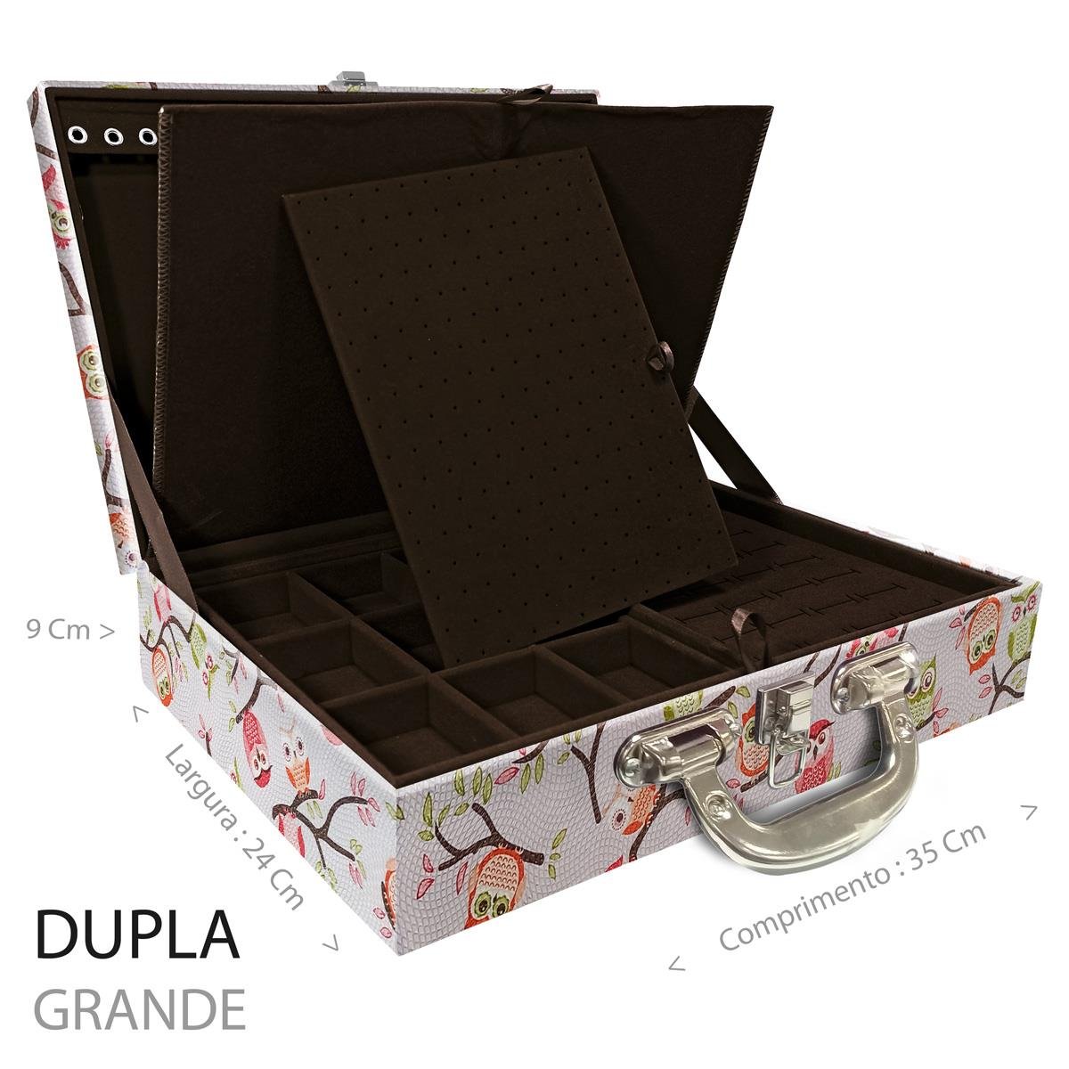 Estojo Maleta Porta Jóias Duplo Grande Coruja Fundo Rosa Com Alça Cromada e Imã