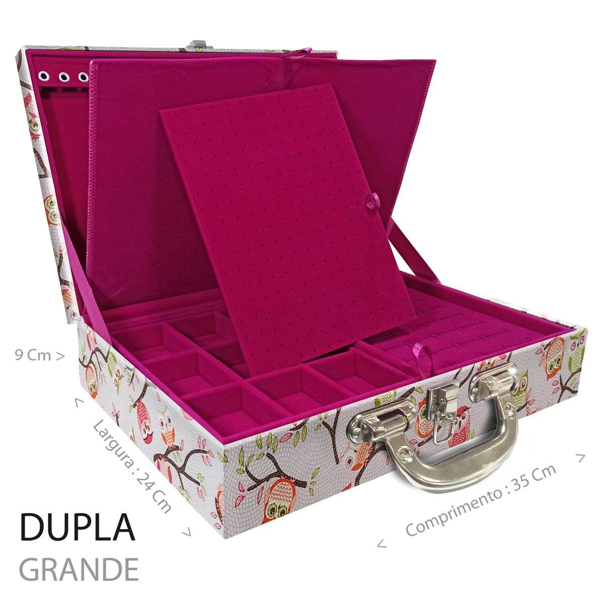 Estojo Maleta Porta Jóias Duplo Grande Coruja Fundo Rosa Com Alça Cromada e Imã