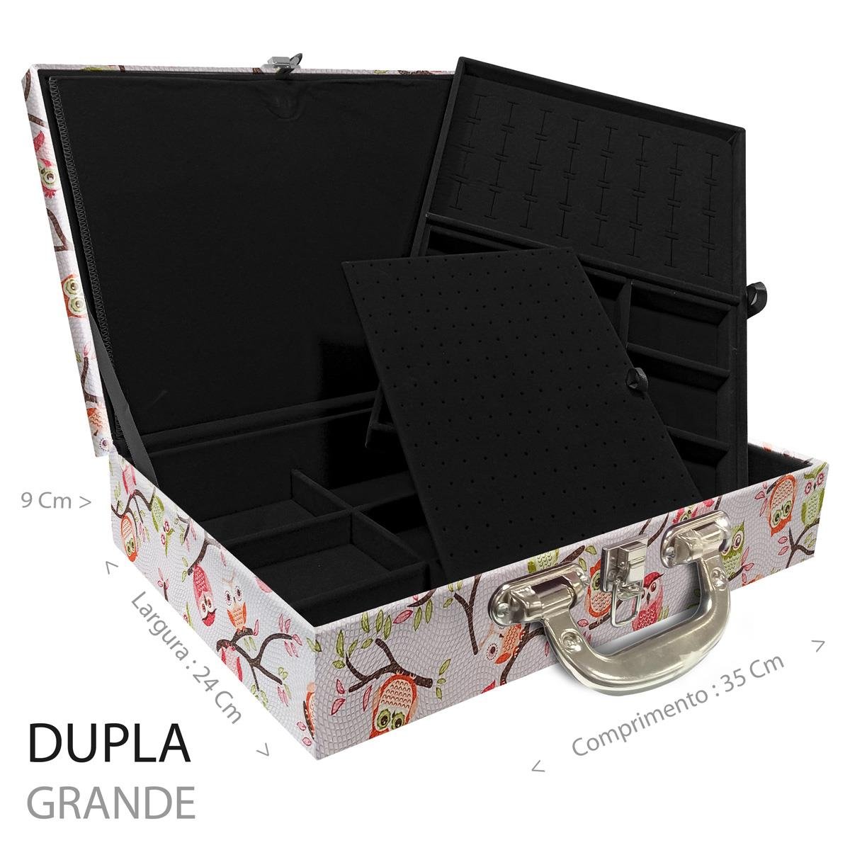 Estojo Maleta Porta Jóias Duplo Grande Coruja Fundo Rosa Com Alça Cromada e Imã