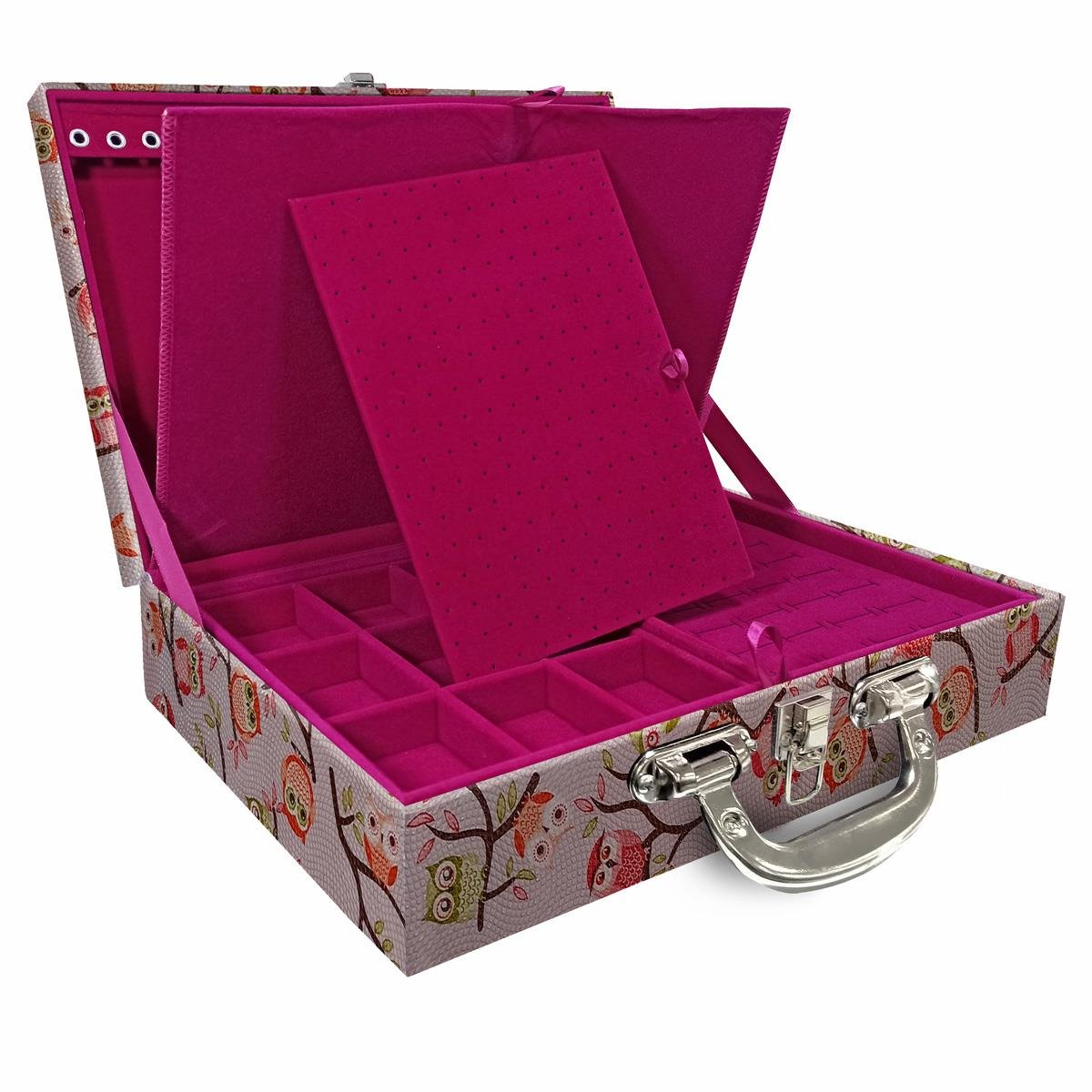 Estojo Maleta Porta Jóias Duplo Grande Coruja Fundo Rosa Com Alça Cromada e Imã