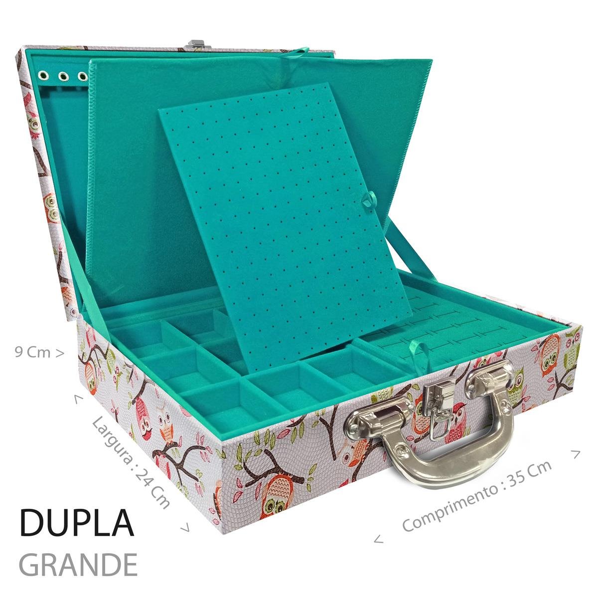 Estojo Maleta Porta Jóias Duplo Grande Coruja Fundo Rosa Com Alça Cromada e Imã