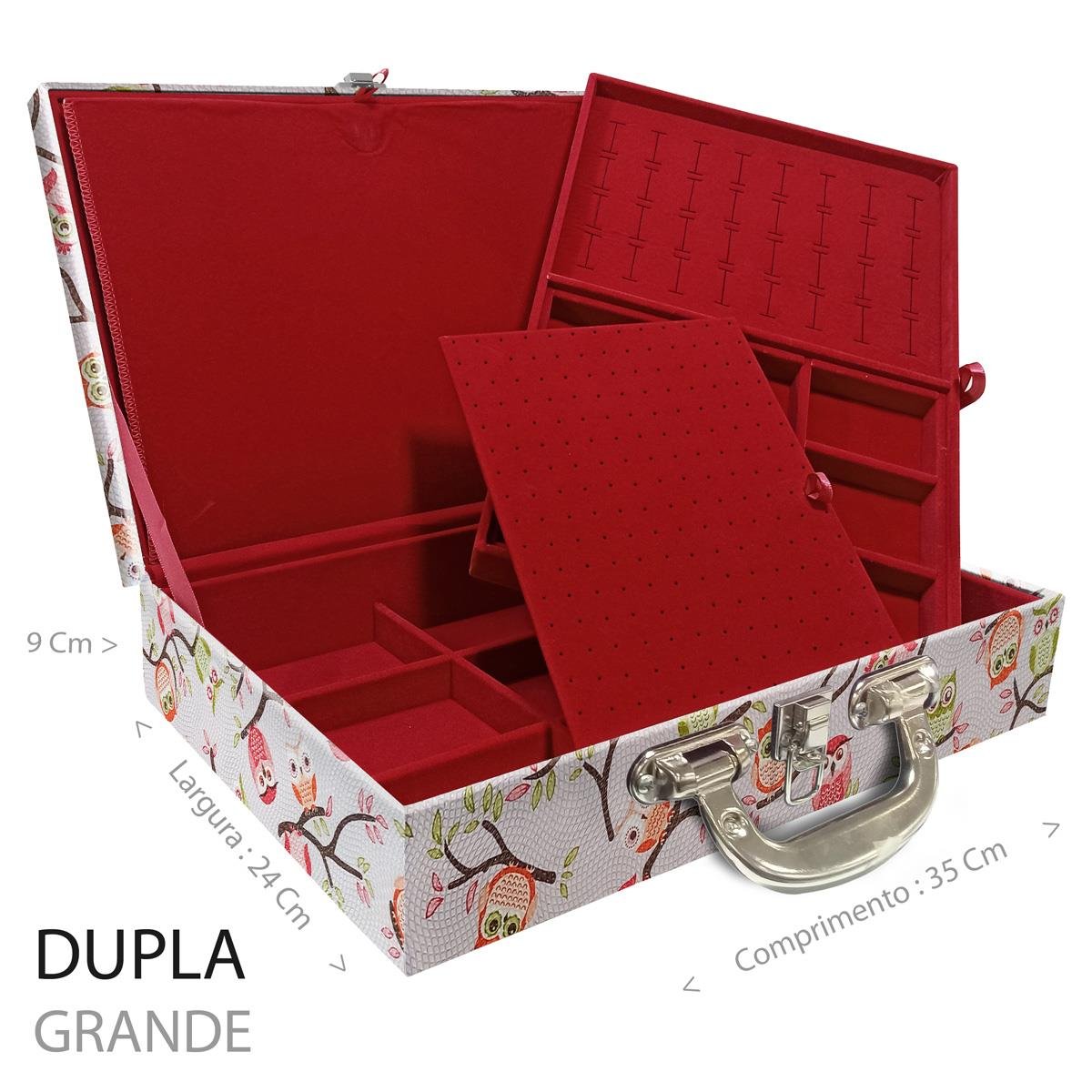 Estojo Maleta Porta Jóias Duplo Grande Coruja Fundo Rosa Com Alça Cromada e Imã
