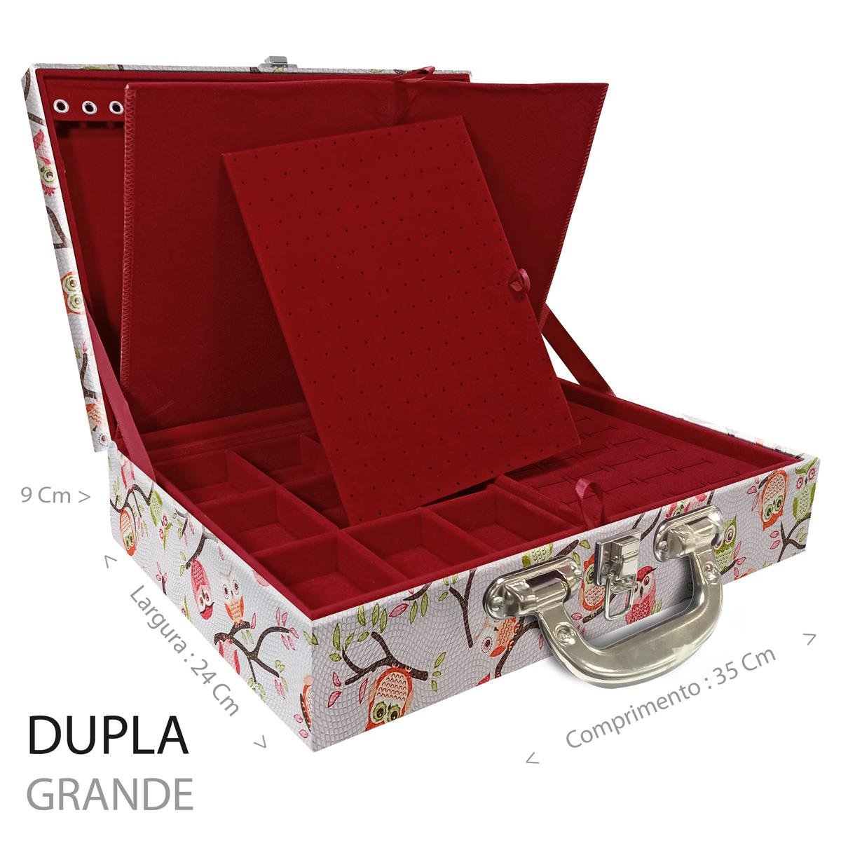 Estojo Maleta Porta Jóias Duplo Grande Coruja Fundo Rosa Com Alça Cromada e Imã