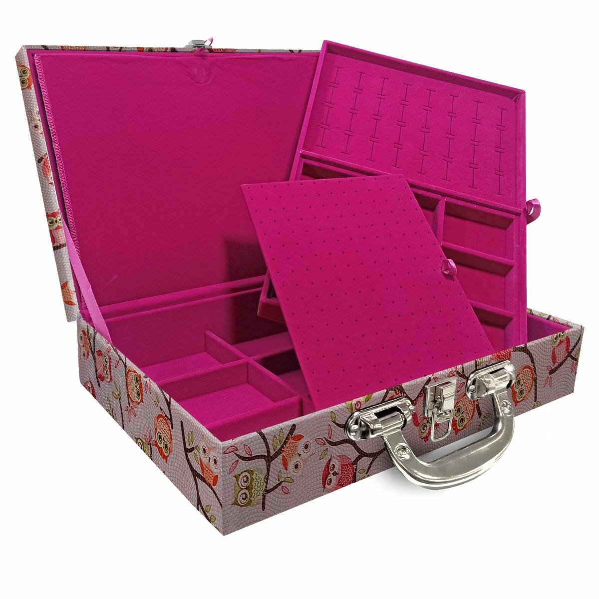 Estojo Maleta Porta Jóias Duplo Grande Coruja Fundo Rosa Com Alça Cromada e Imã