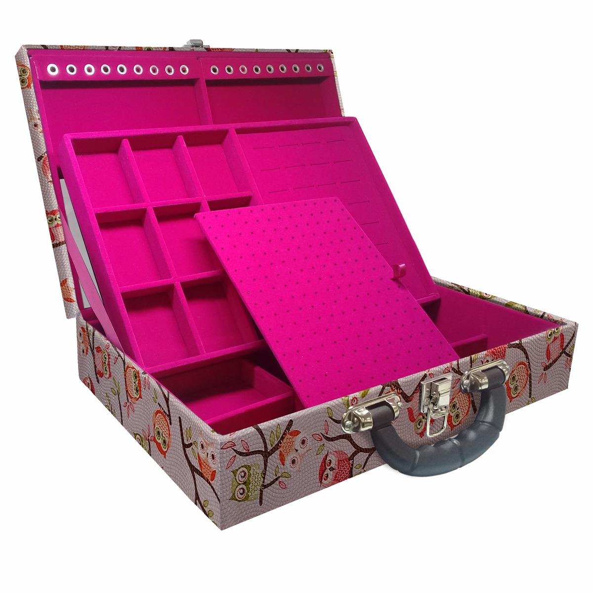 Maleta Dupla Grande Coruja Fundo Rosa Com Alça Preta e Espelho - Sob Encomenda