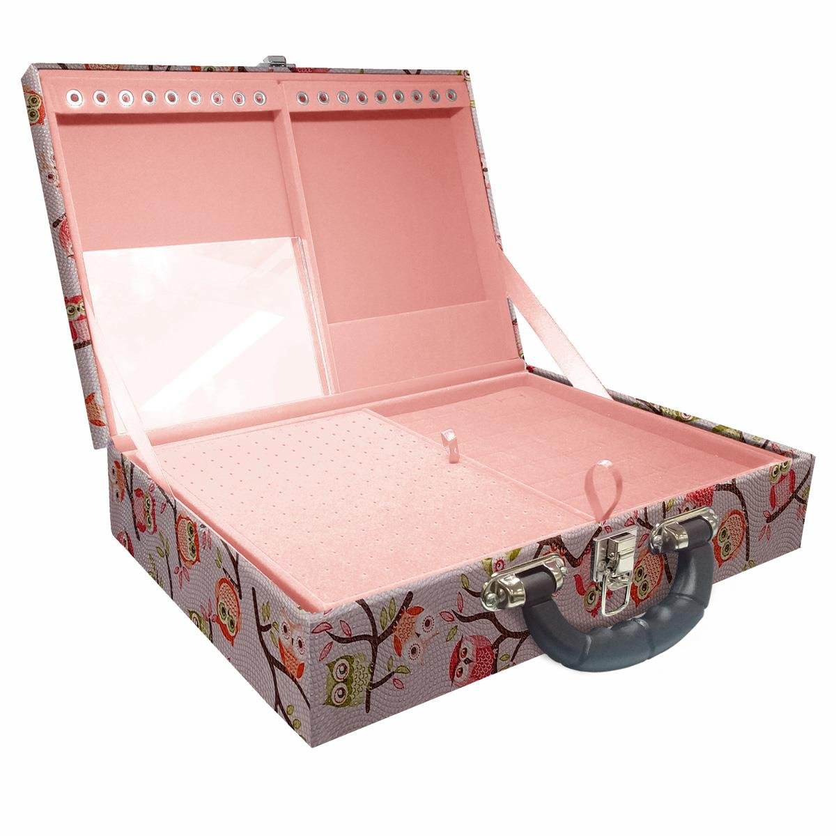 Maleta Dupla Grande Coruja Fundo Rosa Com Alça Preta e Espelho - Sob Encomenda