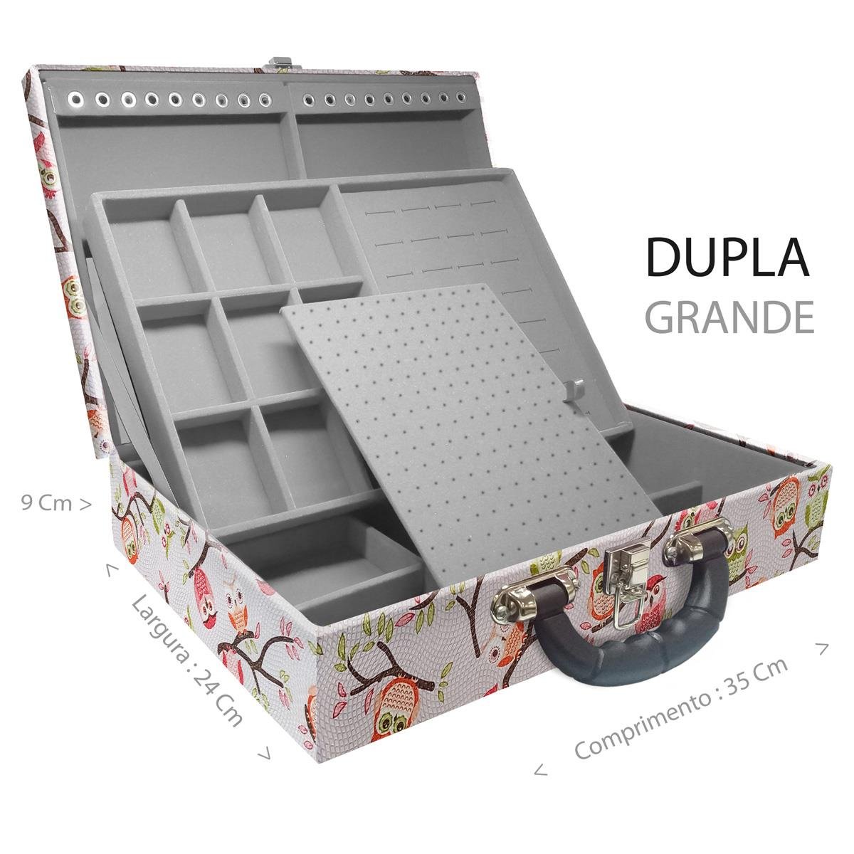 Estojo Maleta Porta Jóias Duplo Grande Coruja Fundo Rosa Com Alça Preta e Espelho