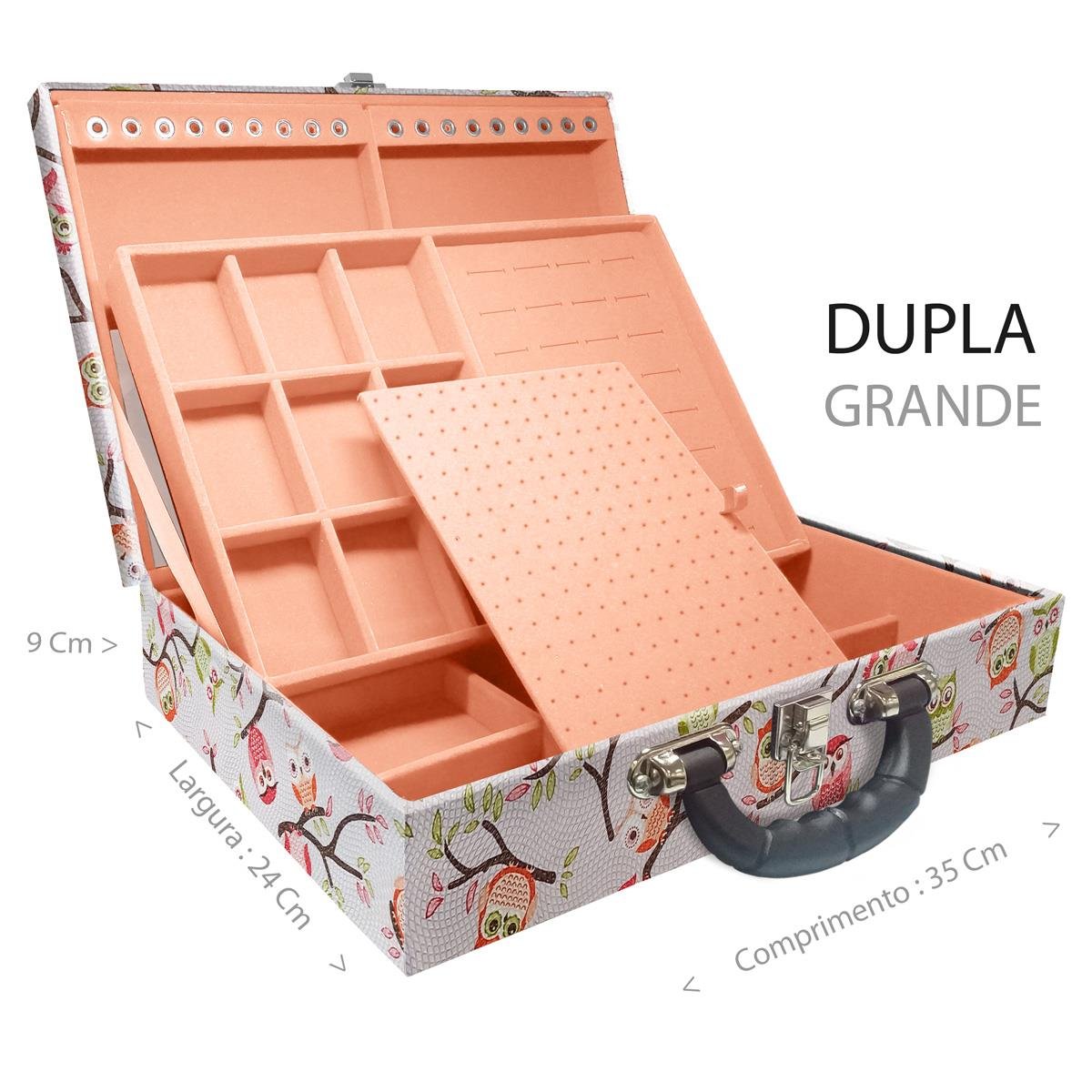 Estojo Maleta Porta Jóias Duplo Grande Coruja Fundo Rosa Com Alça Preta e Espelho