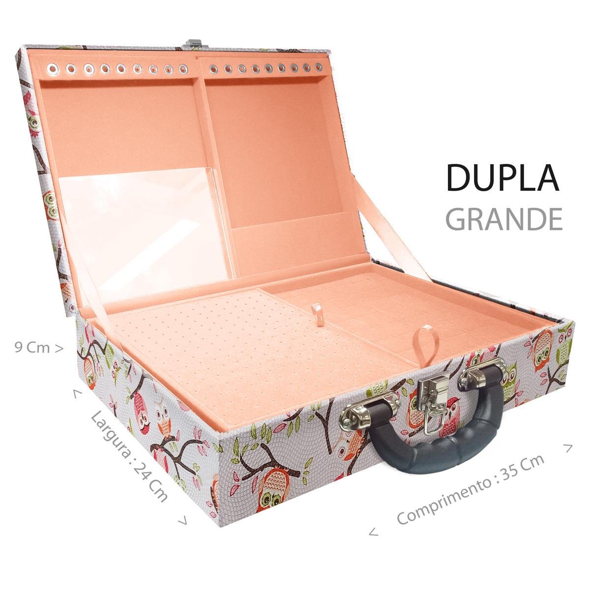 Estojo Maleta Porta Jóias Duplo Grande Coruja Fundo Rosa Com Alça Preta e Espelho