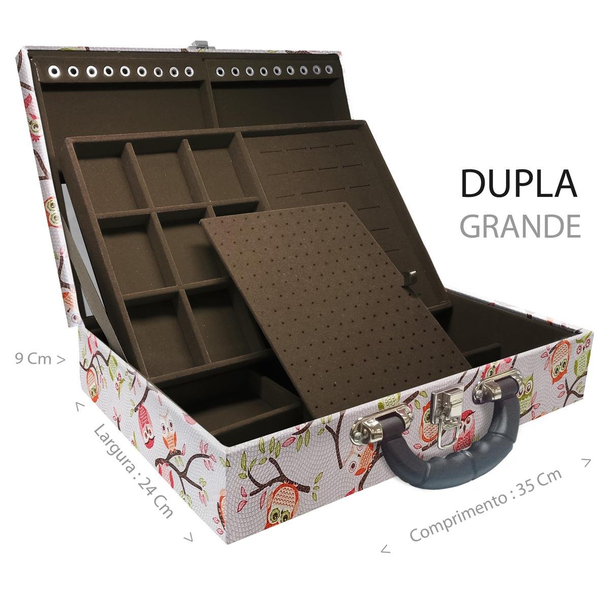 Estojo Maleta Porta Jóias Duplo Grande Coruja Fundo Rosa Com Alça Preta e Espelho