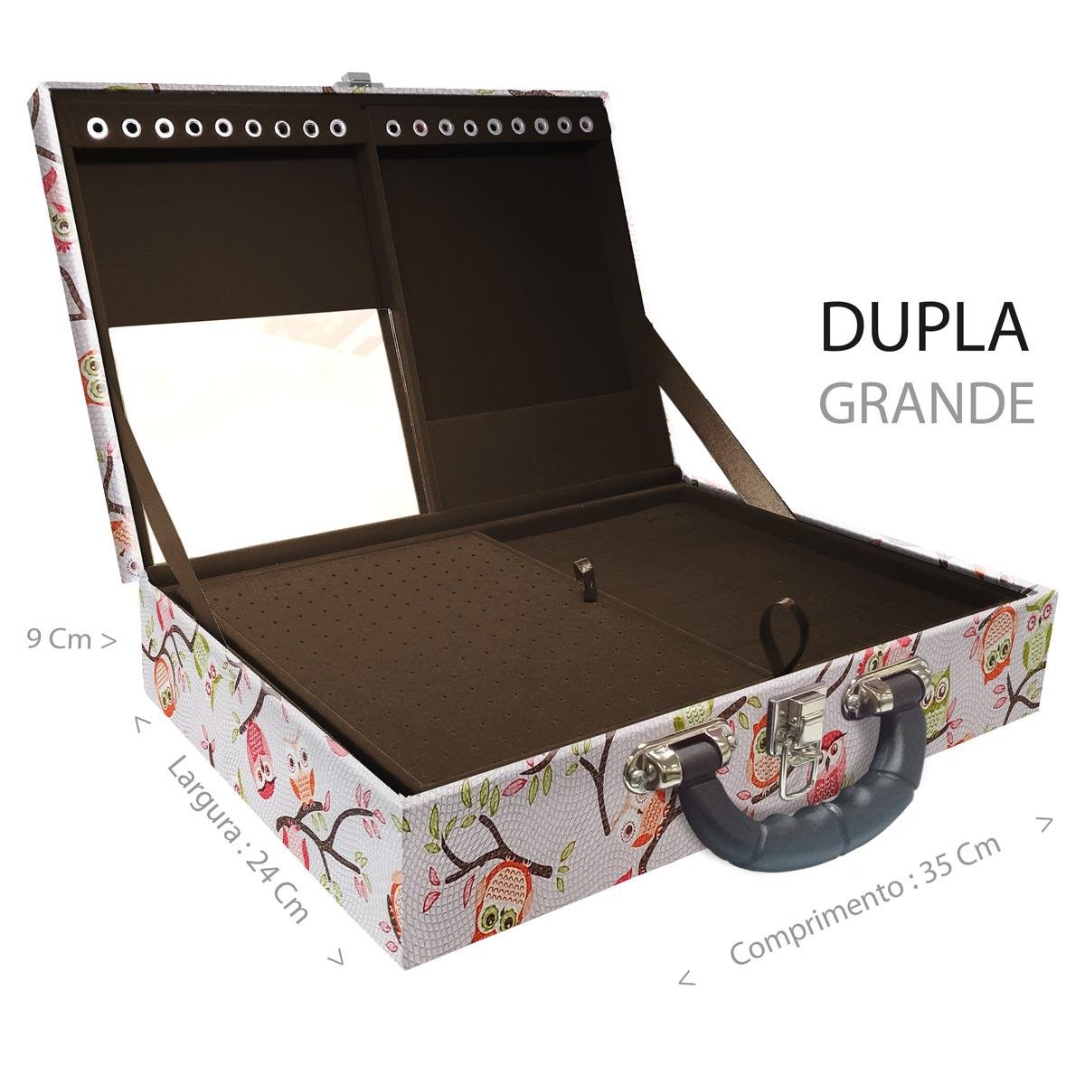 Estojo Maleta Porta Jóias Duplo Grande Coruja Fundo Rosa Com Alça Preta e Espelho
