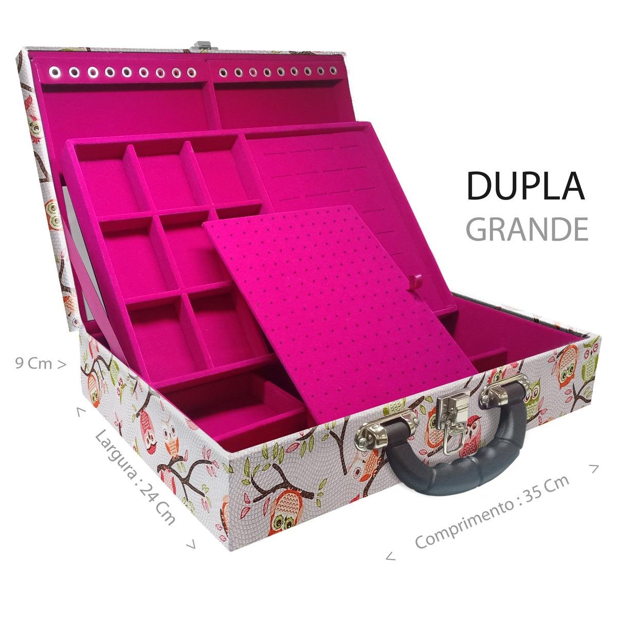 Estojo Maleta Porta Jóias Duplo Grande Coruja Fundo Rosa Com Alça Preta e Espelho