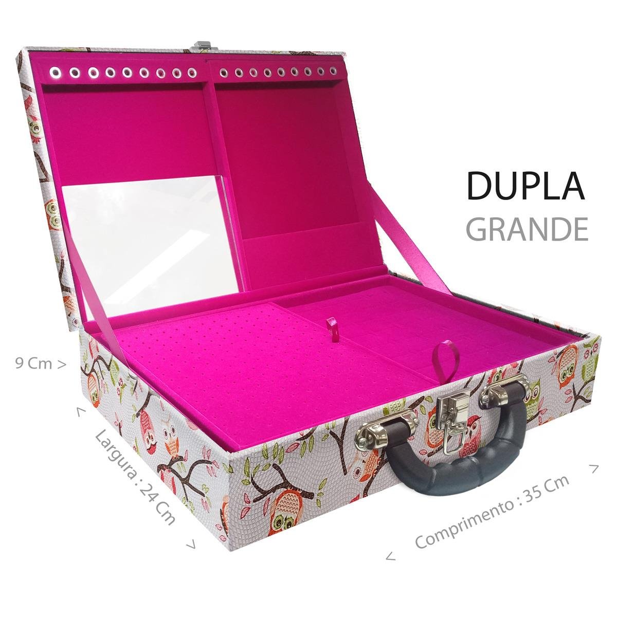 Estojo Maleta Porta Jóias Duplo Grande Coruja Fundo Rosa Com Alça Preta e Espelho