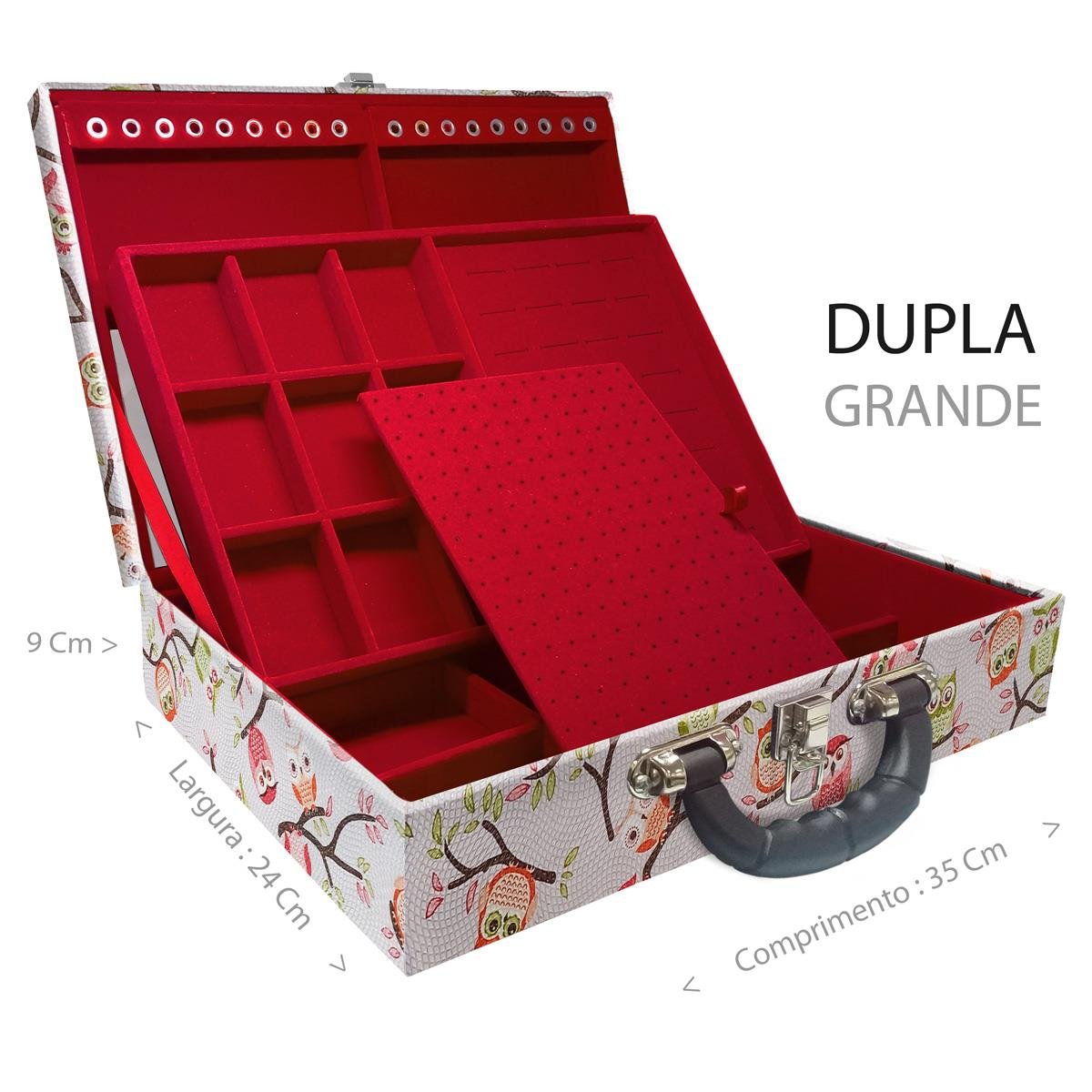 Estojo Maleta Porta Jóias Duplo Grande Coruja Fundo Rosa Com Alça Preta e Espelho