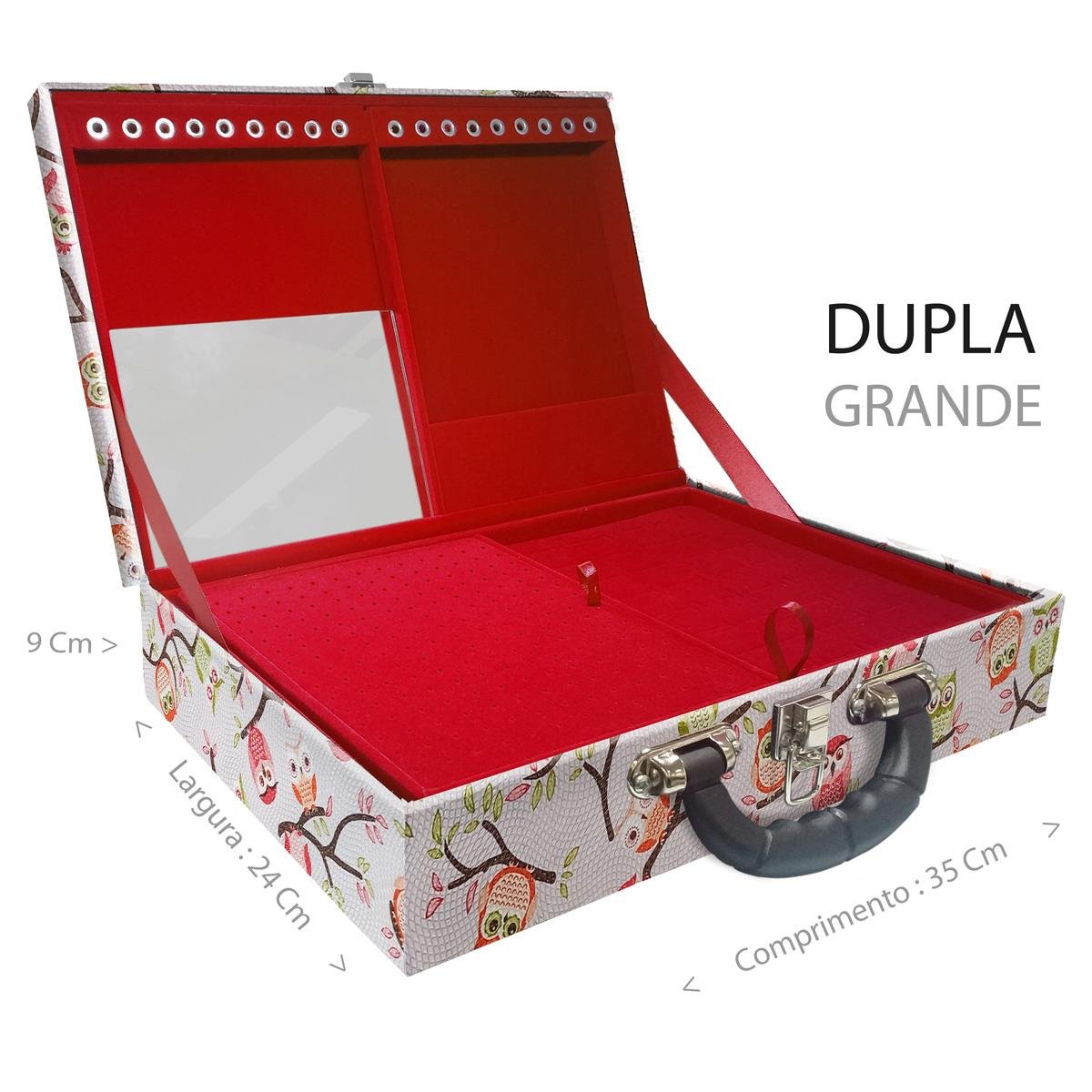 Estojo Maleta Porta Jóias Duplo Grande Coruja Fundo Rosa Com Alça Preta e Espelho