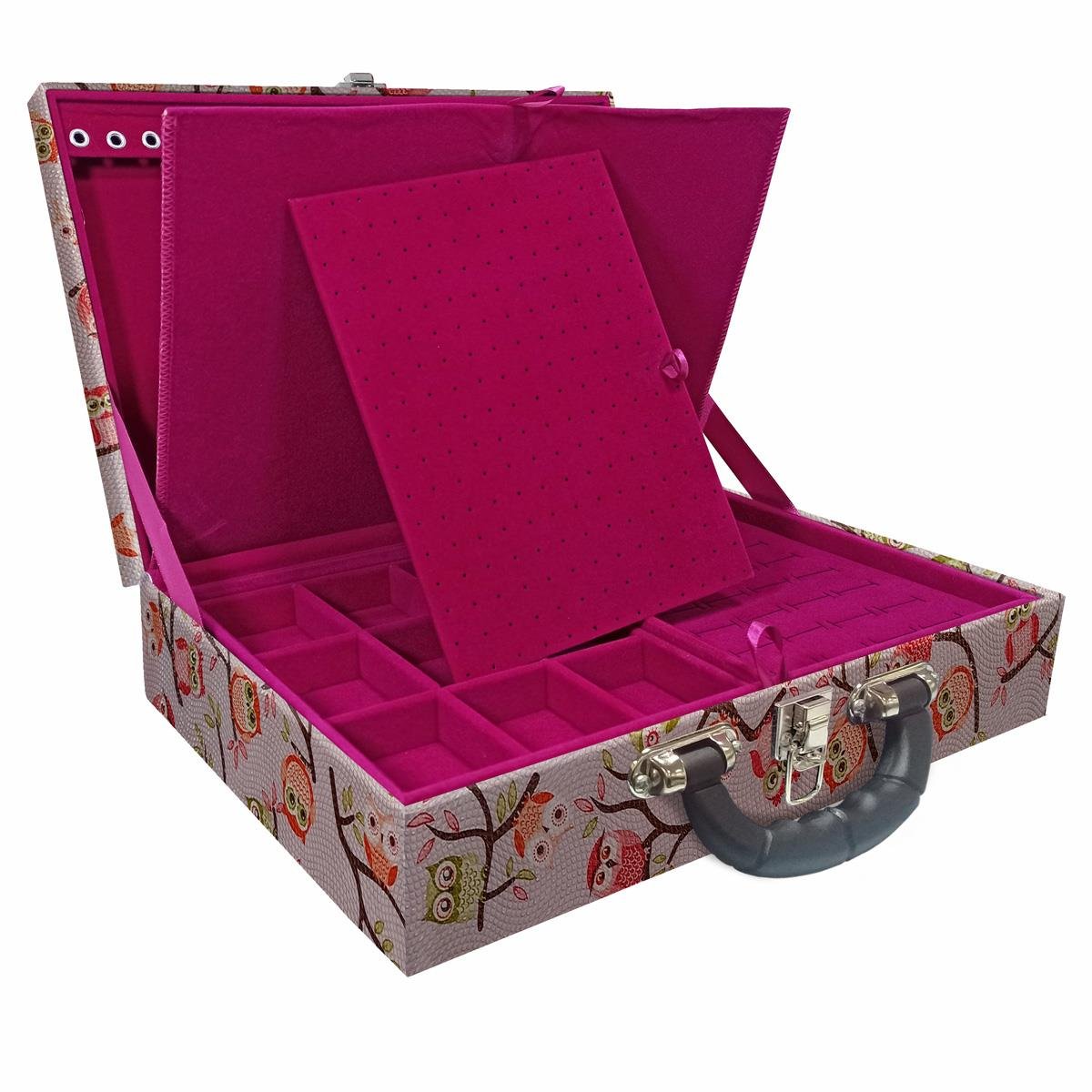 Maleta Dupla Grande Coruja Fundo Rosa Com Alça Preta e Imã - Sob Encomenda