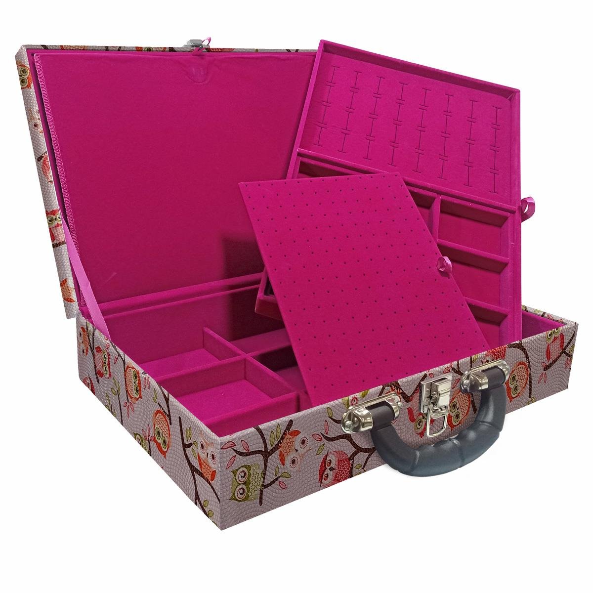 Maleta Dupla Grande Coruja Fundo Rosa Com Alça Preta e Imã - Sob Encomenda