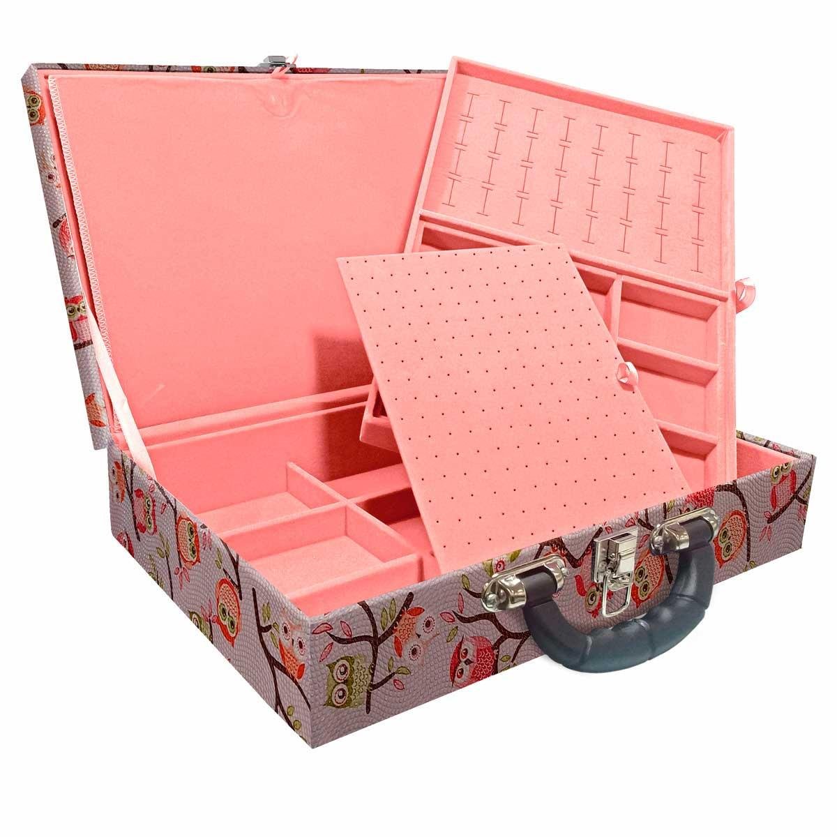 Maleta Dupla Grande Coruja Fundo Rosa Com Alça Preta e Imã - Sob Encomenda