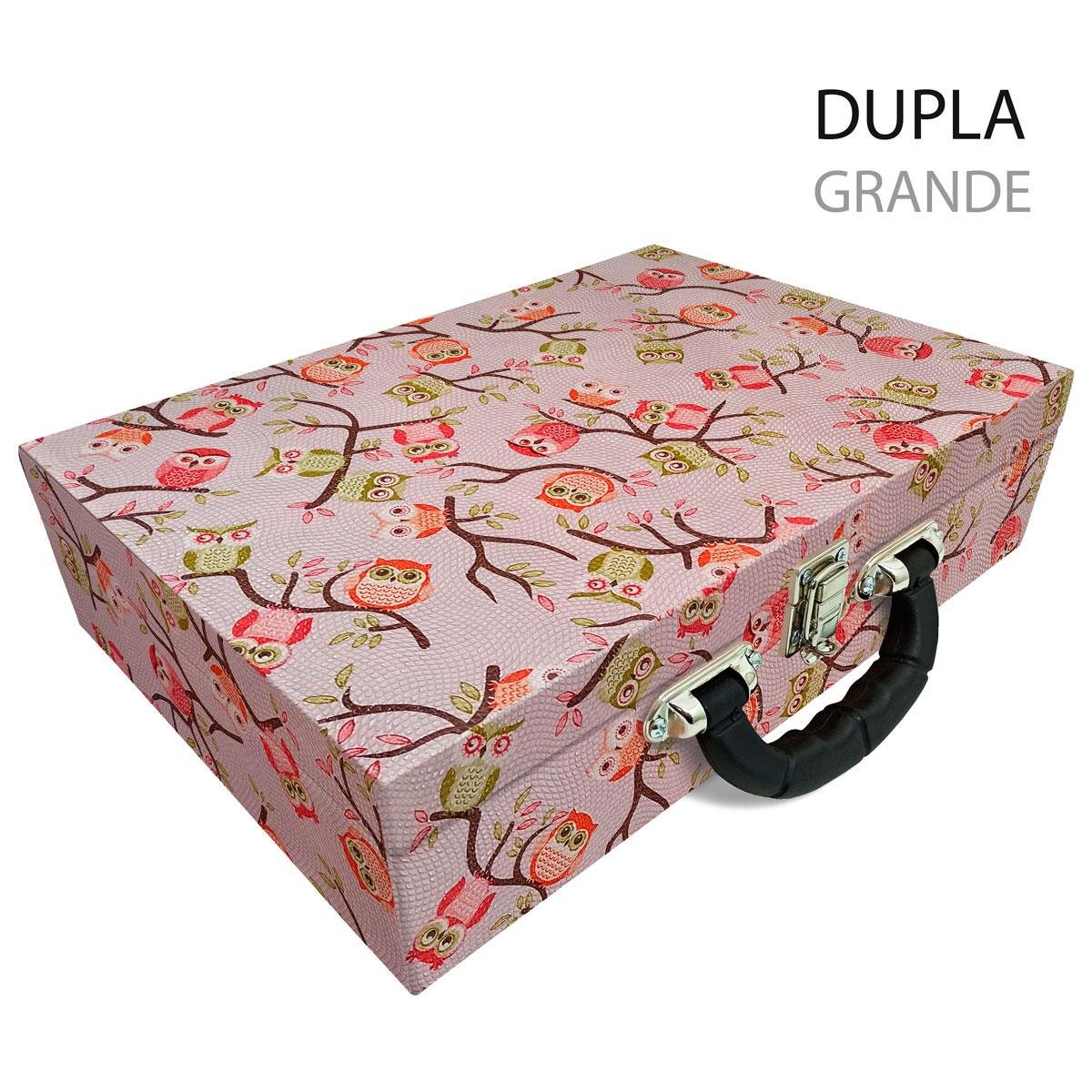 Maleta Dupla Grande Coruja Fundo Rosa Com Alça Preta e Imã - Sob Encomenda