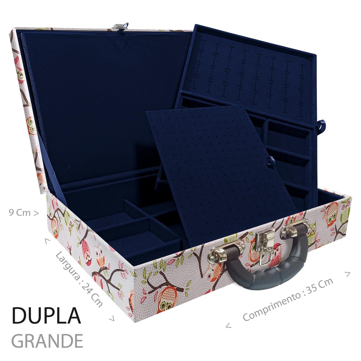 Estojo Maleta Porta Jóias Duplo Grande Coruja Fundo Rosa Com Alça Preta e Imã