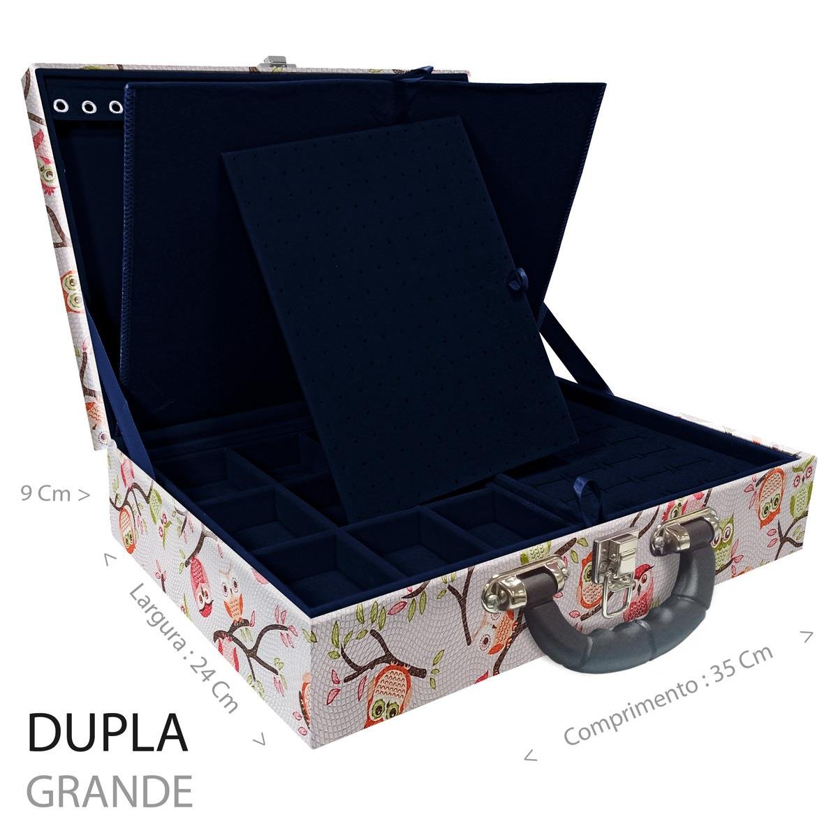 Estojo Maleta Porta Jóias Duplo Grande Coruja Fundo Rosa Com Alça Preta e Imã