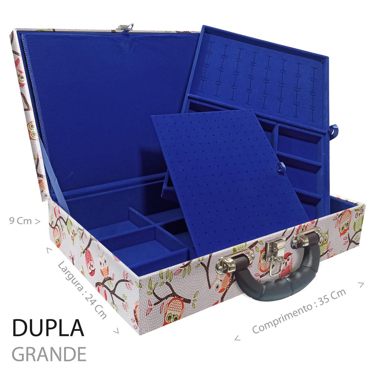 Estojo Maleta Porta Jóias Duplo Grande Coruja Fundo Rosa Com Alça Preta e Imã