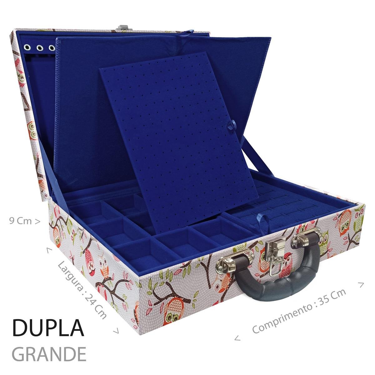 Estojo Maleta Porta Jóias Duplo Grande Coruja Fundo Rosa Com Alça Preta e Imã