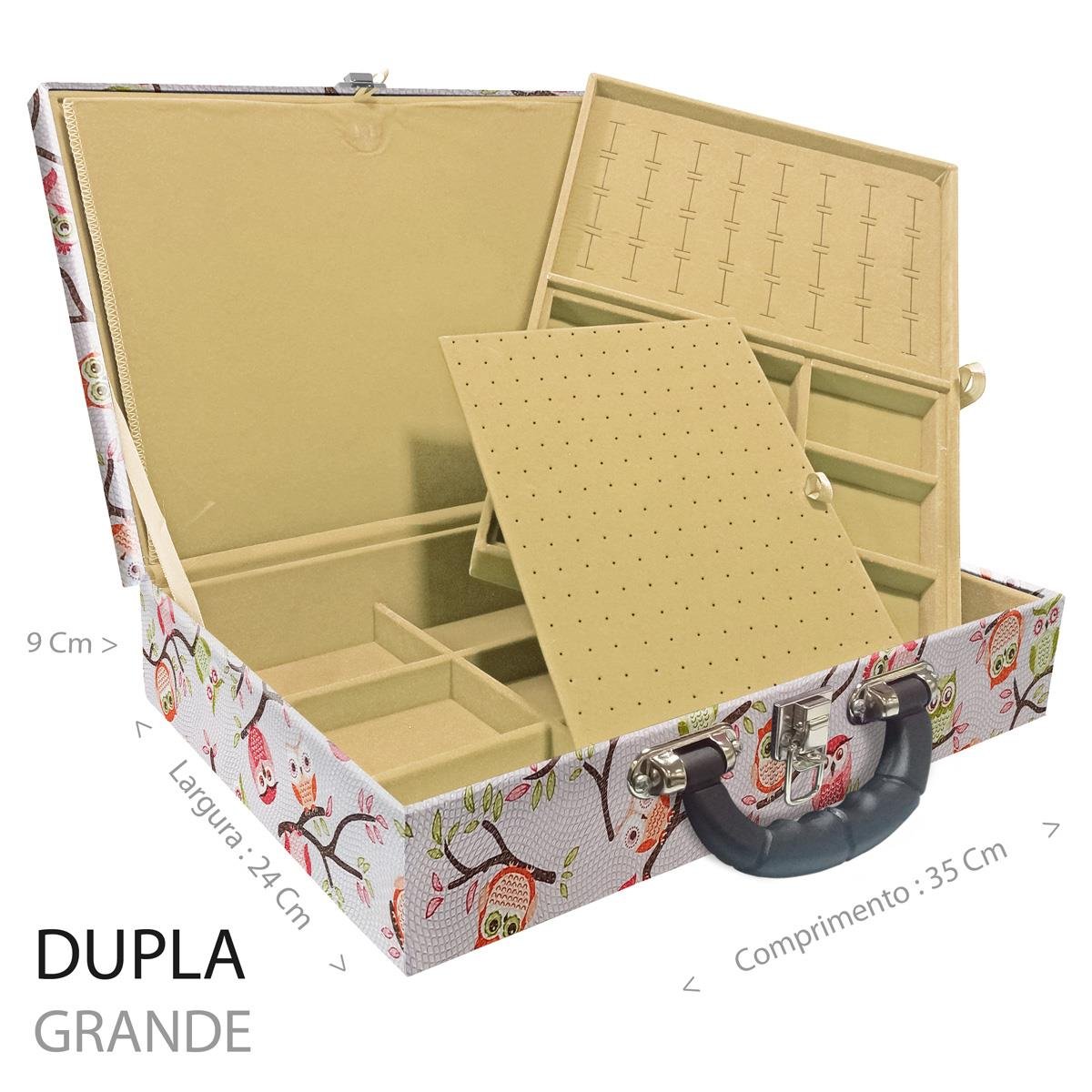Estojo Maleta Porta Jóias Duplo Grande Coruja Fundo Rosa Com Alça Preta e Imã