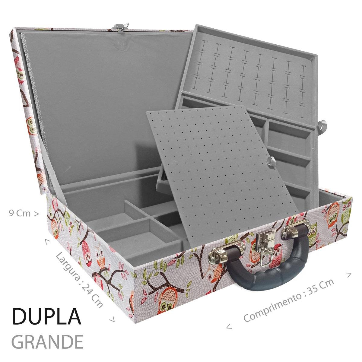 Estojo Maleta Porta Jóias Duplo Grande Coruja Fundo Rosa Com Alça Preta e Imã