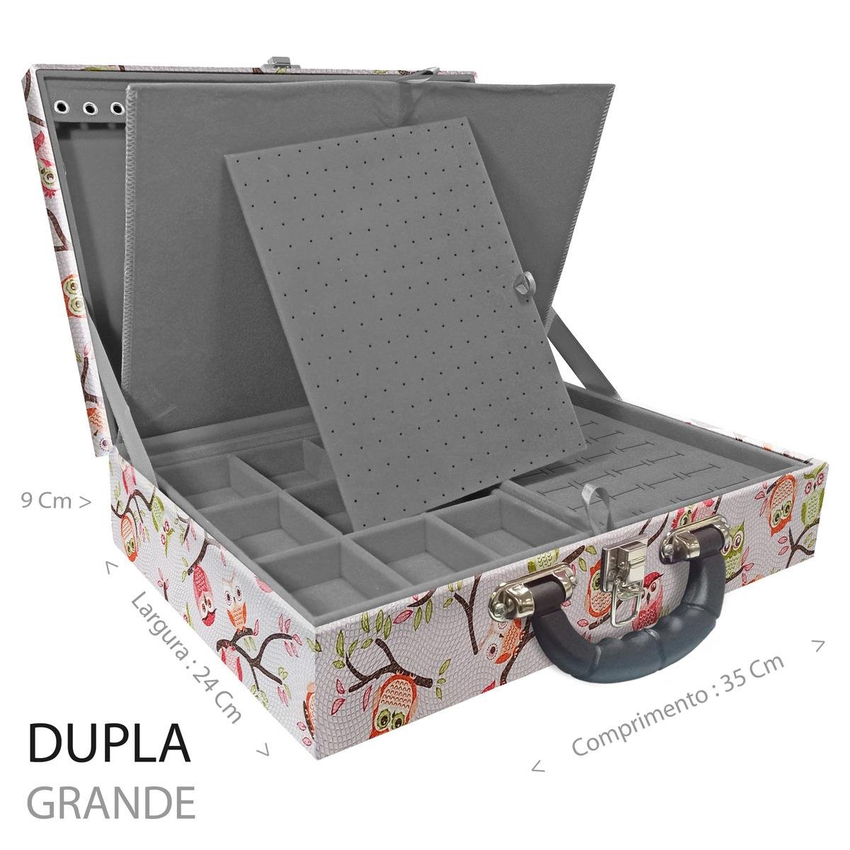 Estojo Maleta Porta Jóias Duplo Grande Coruja Fundo Rosa Com Alça Preta e Imã