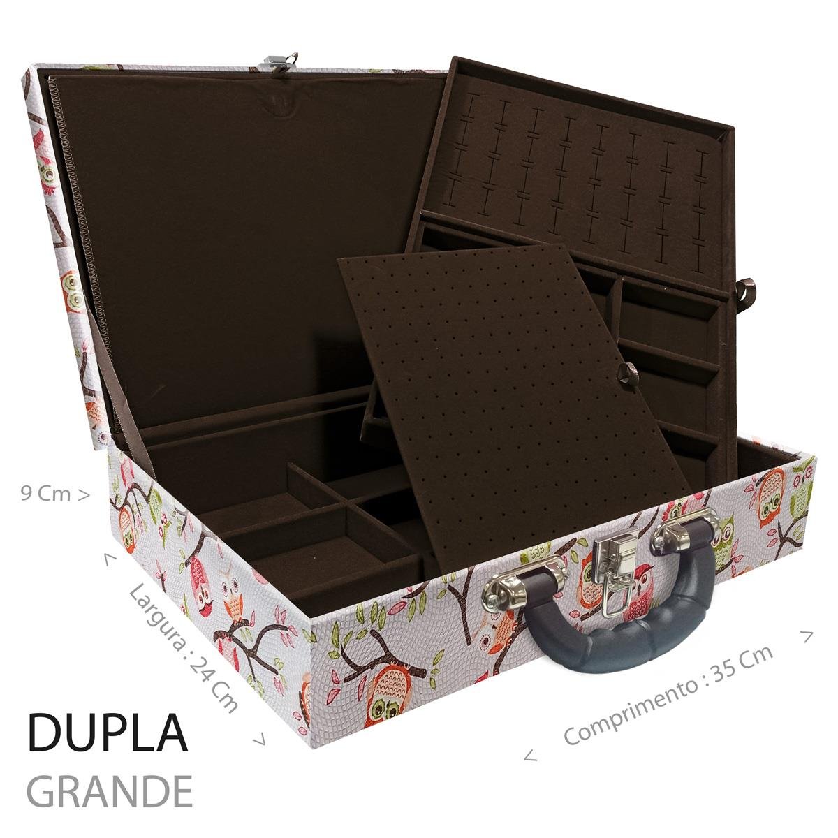 Estojo Maleta Porta Jóias Duplo Grande Coruja Fundo Rosa Com Alça Preta e Imã