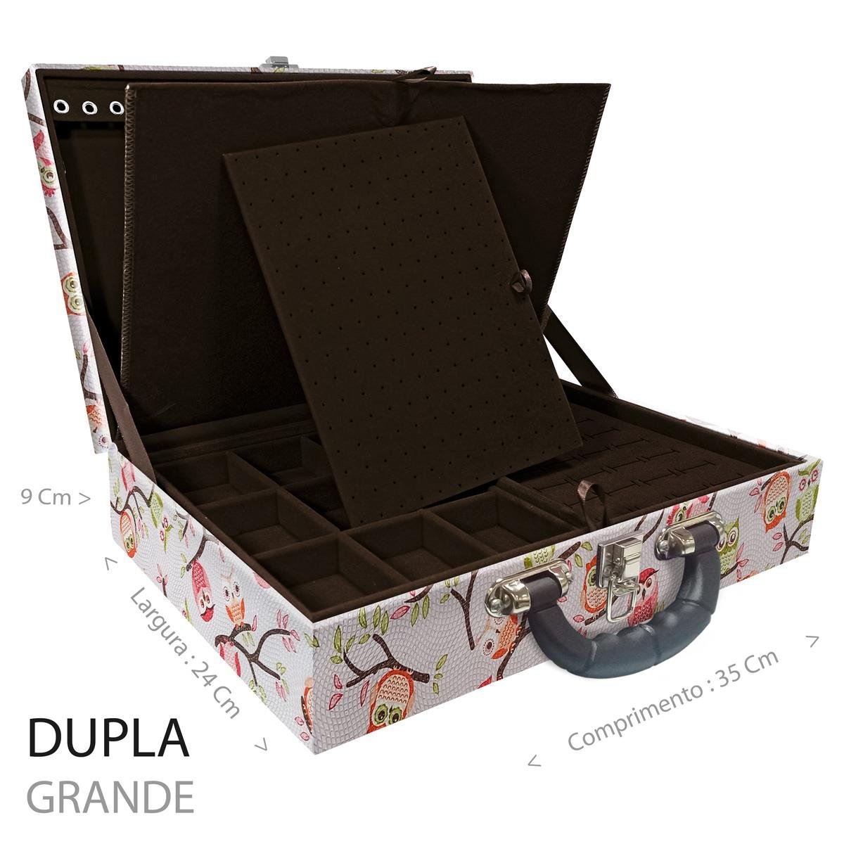 Estojo Maleta Porta Jóias Duplo Grande Coruja Fundo Rosa Com Alça Preta e Imã