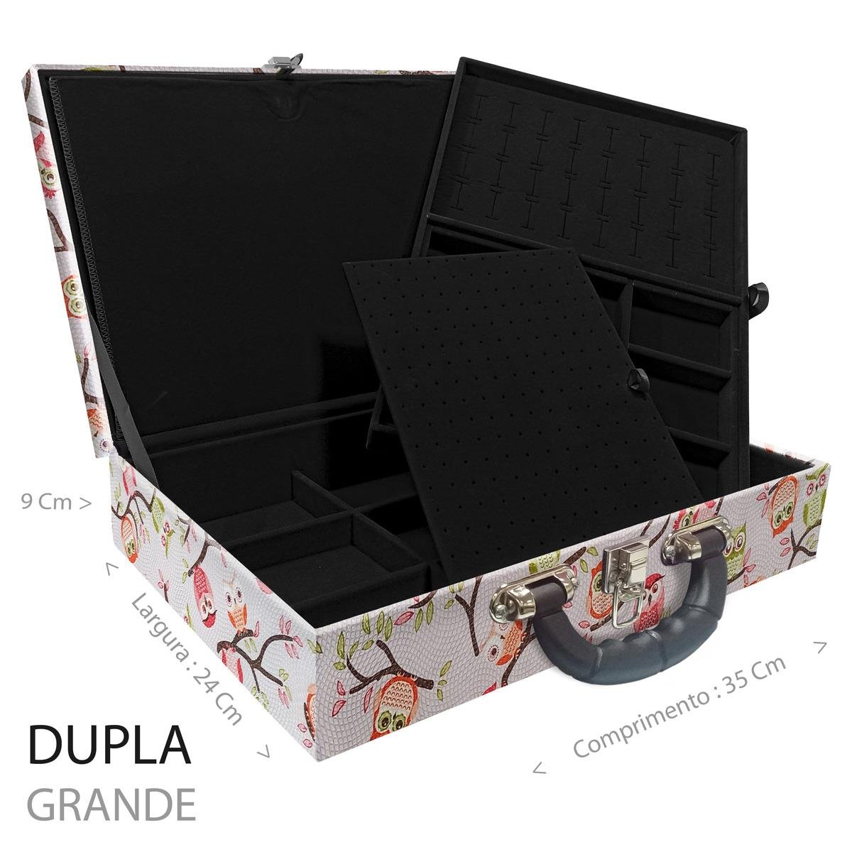 Estojo Maleta Porta Jóias Duplo Grande Coruja Fundo Rosa Com Alça Preta e Imã
