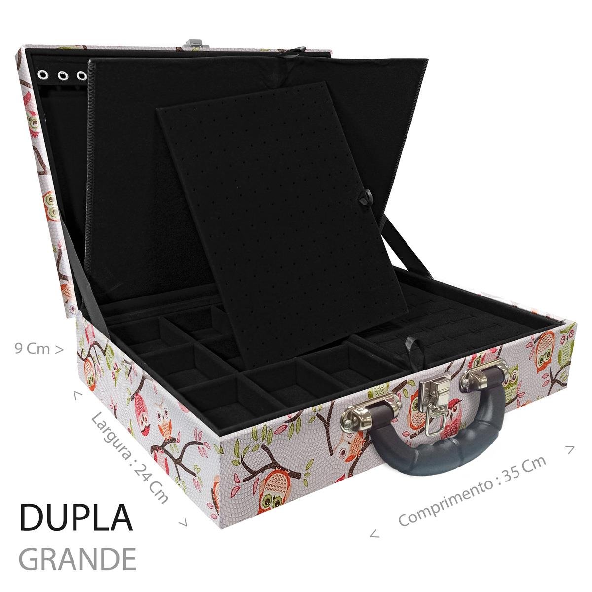 Estojo Maleta Porta Jóias Duplo Grande Coruja Fundo Rosa Com Alça Preta e Imã