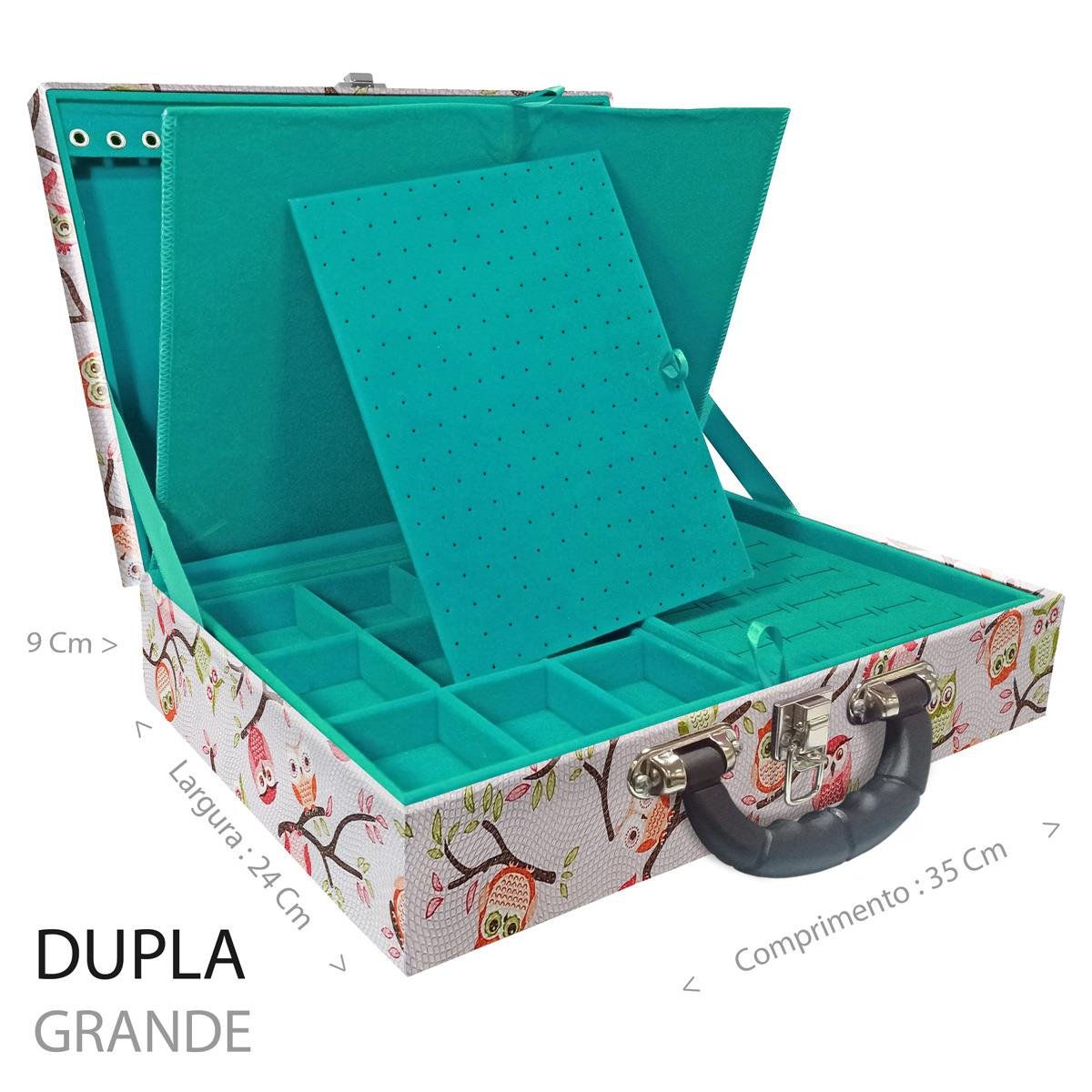 Estojo Maleta Porta Jóias Duplo Grande Coruja Fundo Rosa Com Alça Preta e Imã