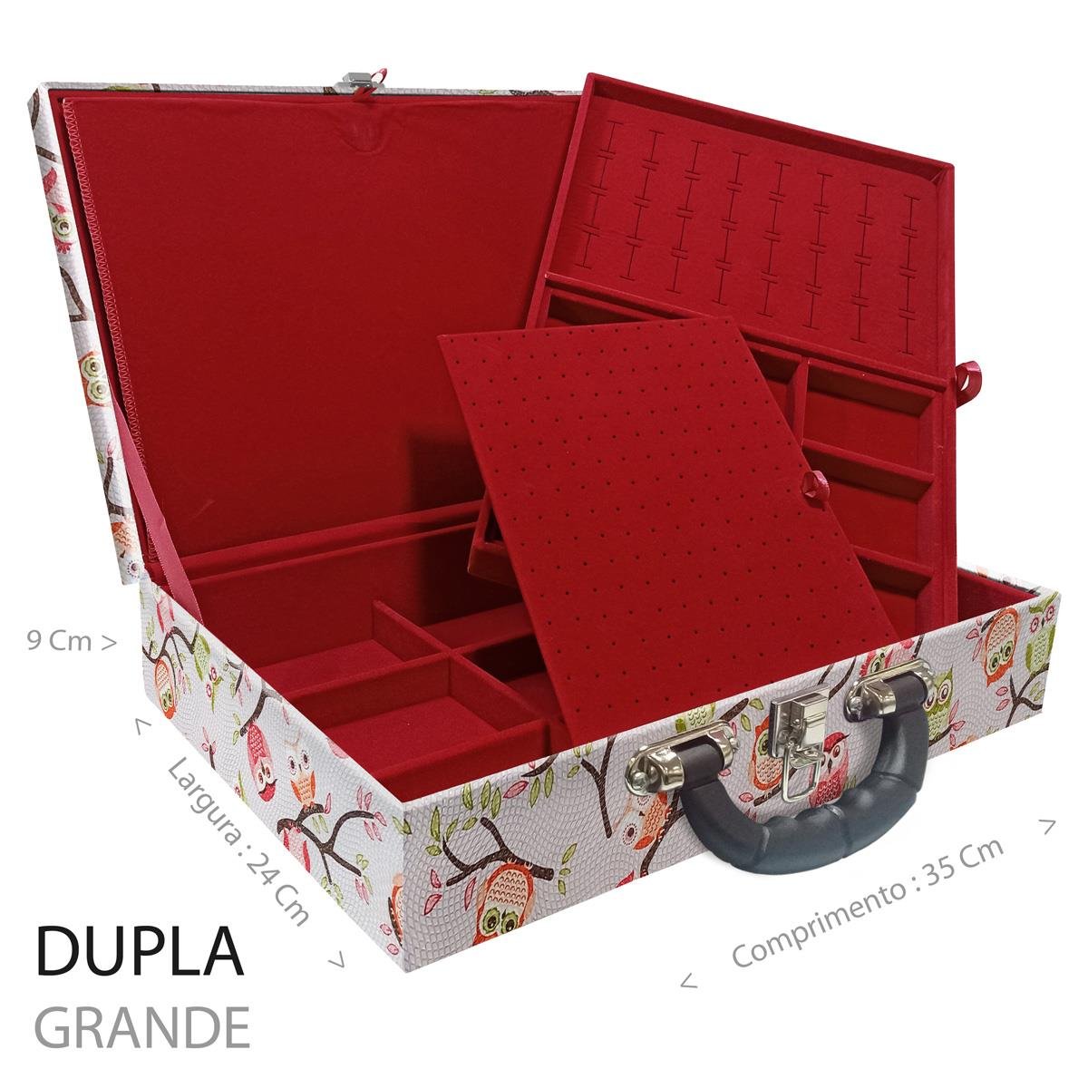Estojo Maleta Porta Jóias Duplo Grande Coruja Fundo Rosa Com Alça Preta e Imã