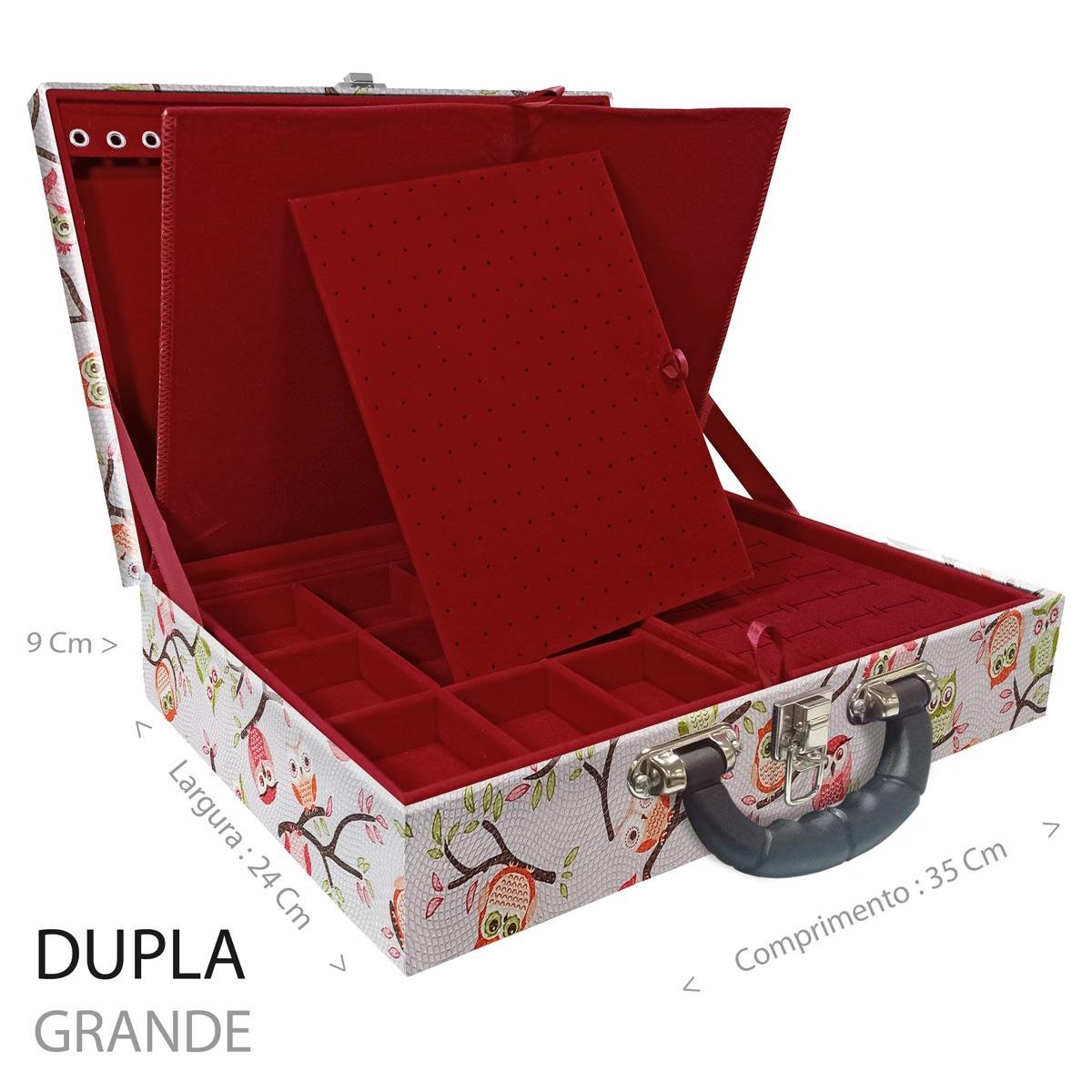 Estojo Maleta Porta Jóias Duplo Grande Coruja Fundo Rosa Com Alça Preta e Imã