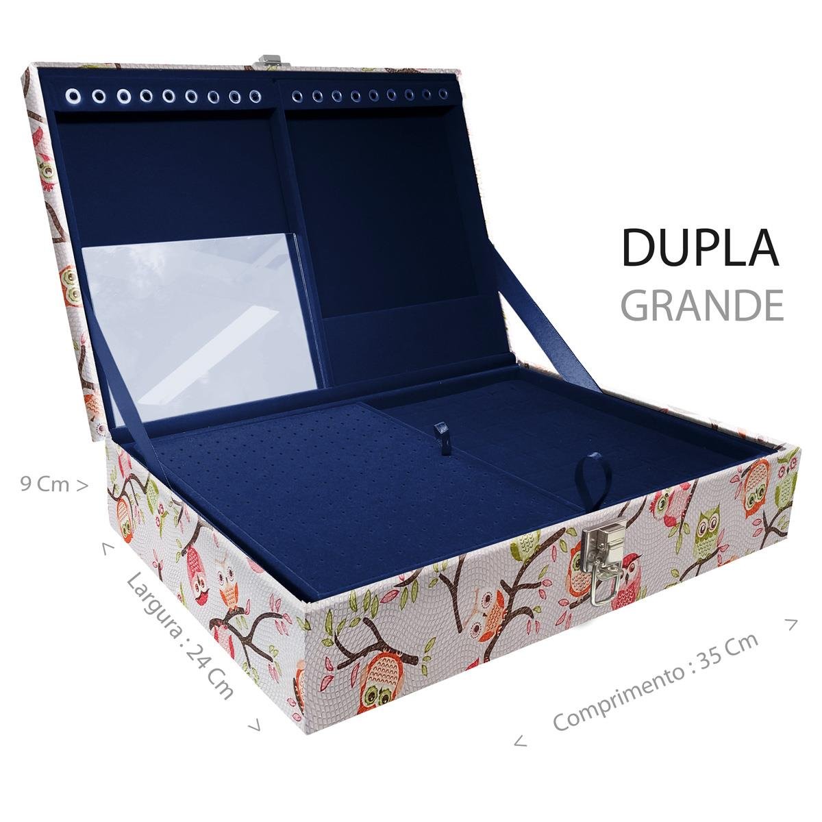 Estojo Maleta Porta Jóias Duplo Grande Coruja Fundo Rosa Sem Alça e Com Espelho