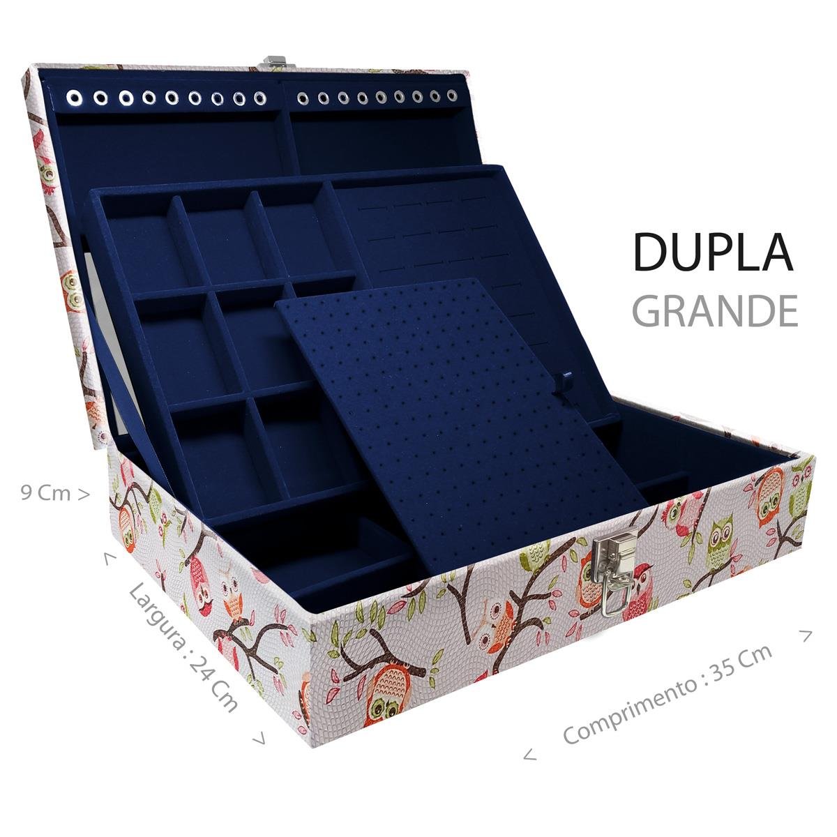 Estojo Maleta Porta Jóias Duplo Grande Coruja Fundo Rosa Sem Alça e Com Espelho