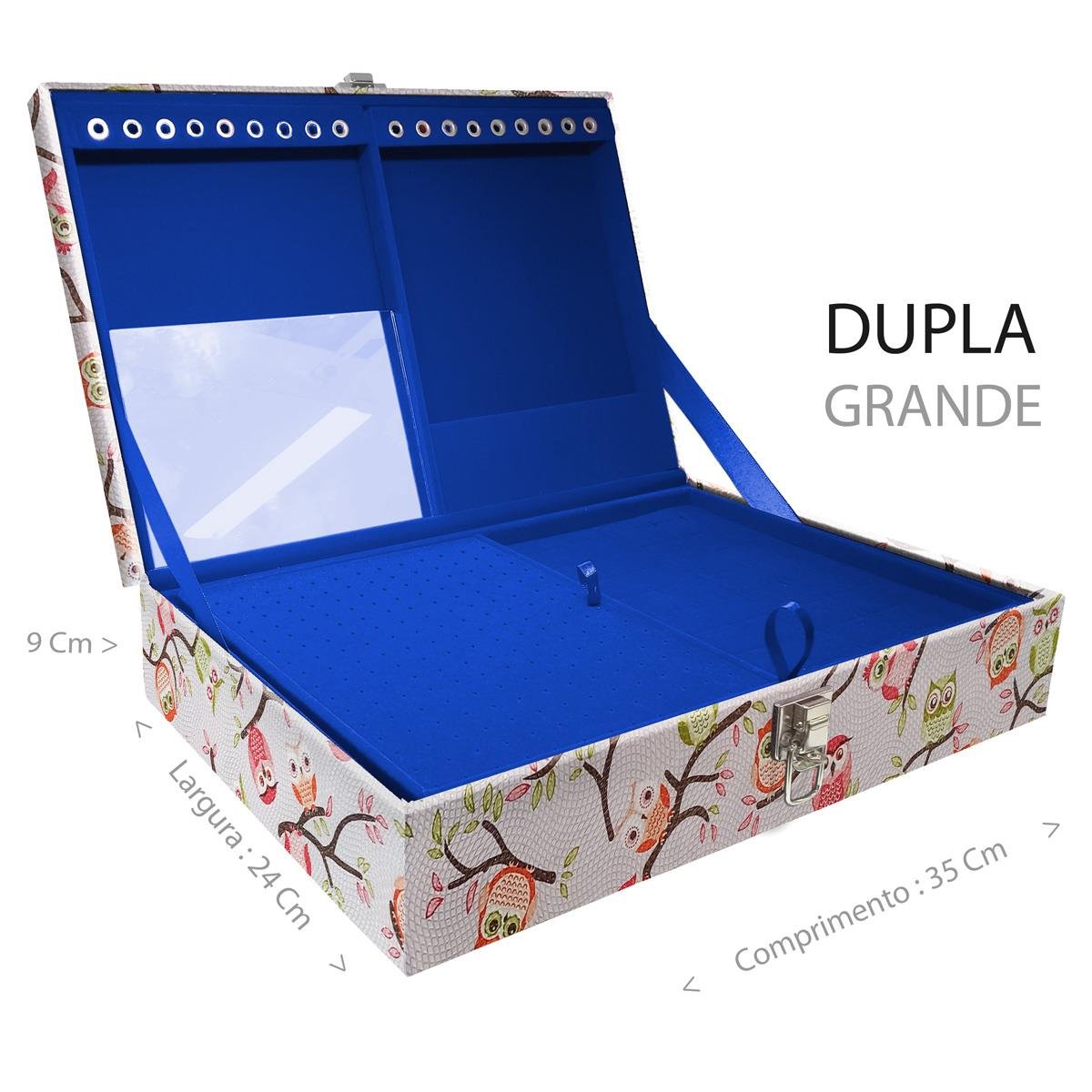 Estojo Maleta Porta Jóias Duplo Grande Coruja Fundo Rosa Sem Alça e Com Espelho