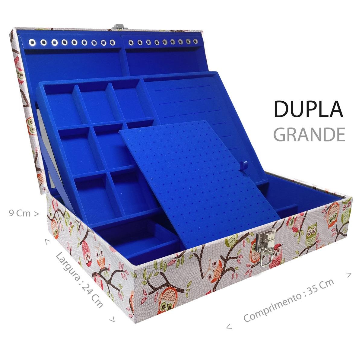 Estojo Maleta Porta Jóias Duplo Grande Coruja Fundo Rosa Sem Alça e Com Espelho