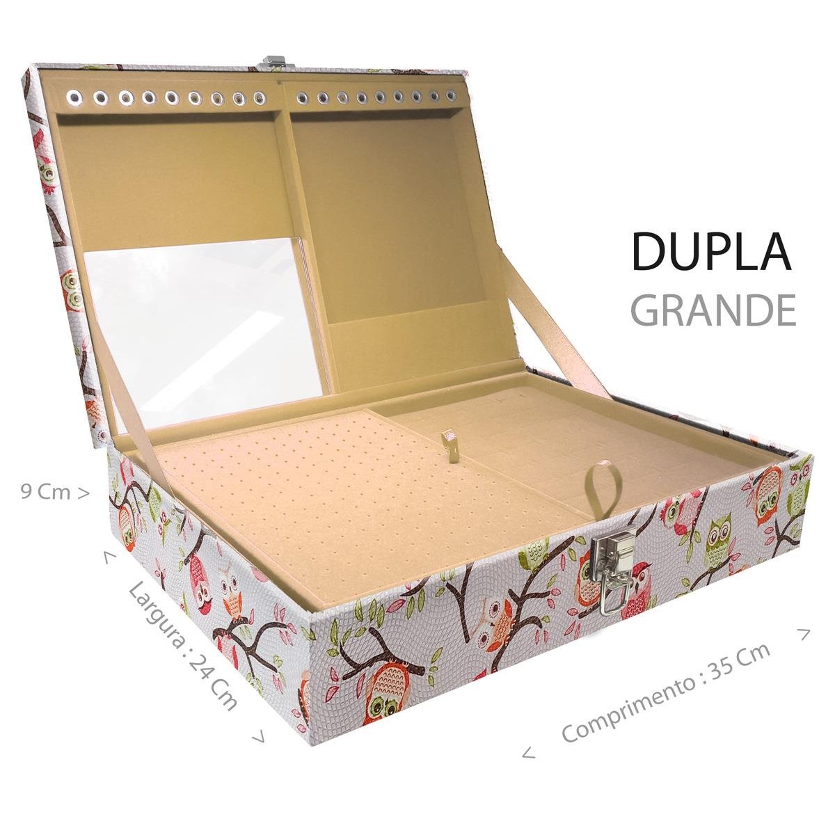 Estojo Maleta Porta Jóias Duplo Grande Coruja Fundo Rosa Sem Alça e Com Espelho