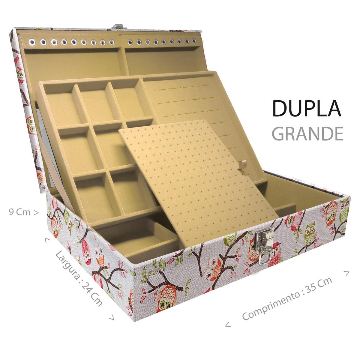 Estojo Maleta Porta Jóias Duplo Grande Coruja Fundo Rosa Sem Alça e Com Espelho